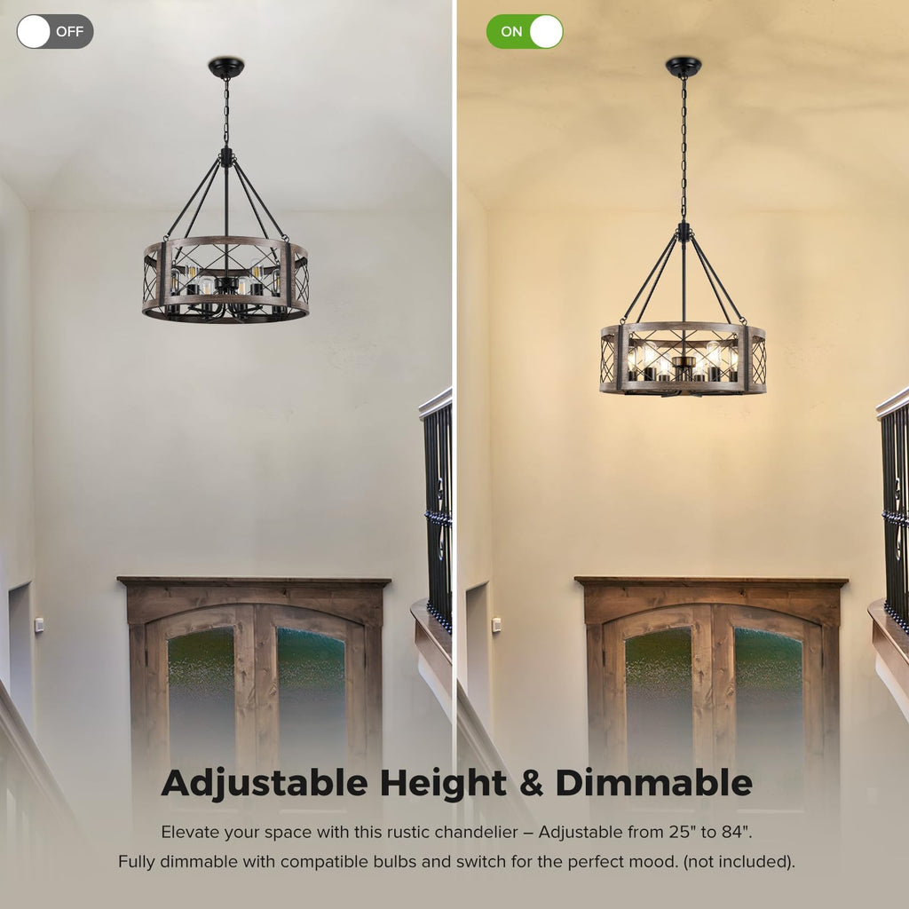 Farmhouse Drum Chandelier, 22" Rustic Black Chandelier with Wood Grain Finish, 6-Light Round Cage Hanging Chandelier