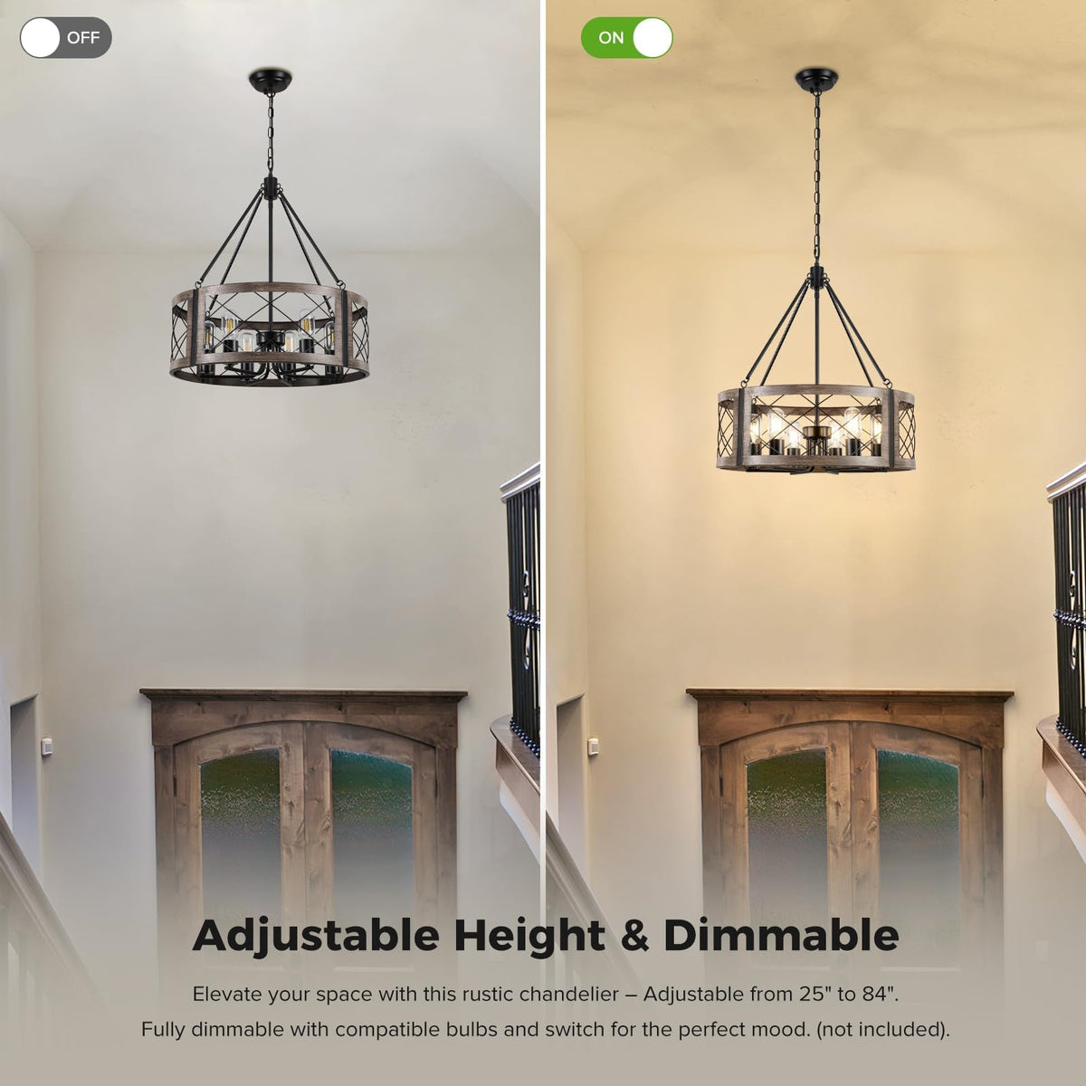 Farmhouse Drum Chandelier, 22" Rustic Black Chandelier with Wood Grain Finish, 6-Light Round Cage Hanging Chandelier