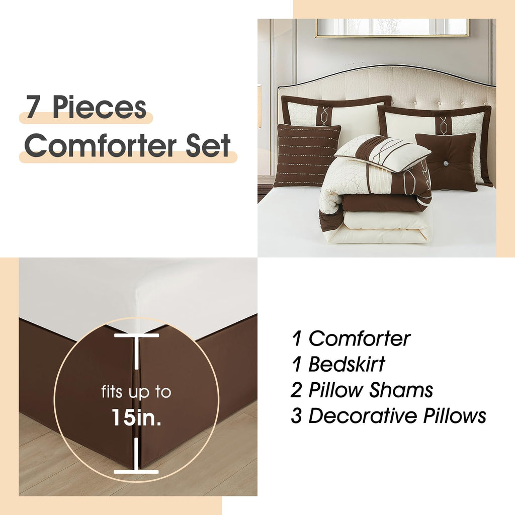 7 Piece Comforter Set, Brown Geometric Clip Design, 100% Polyester, Luxury All Seasons Bed Set Includes