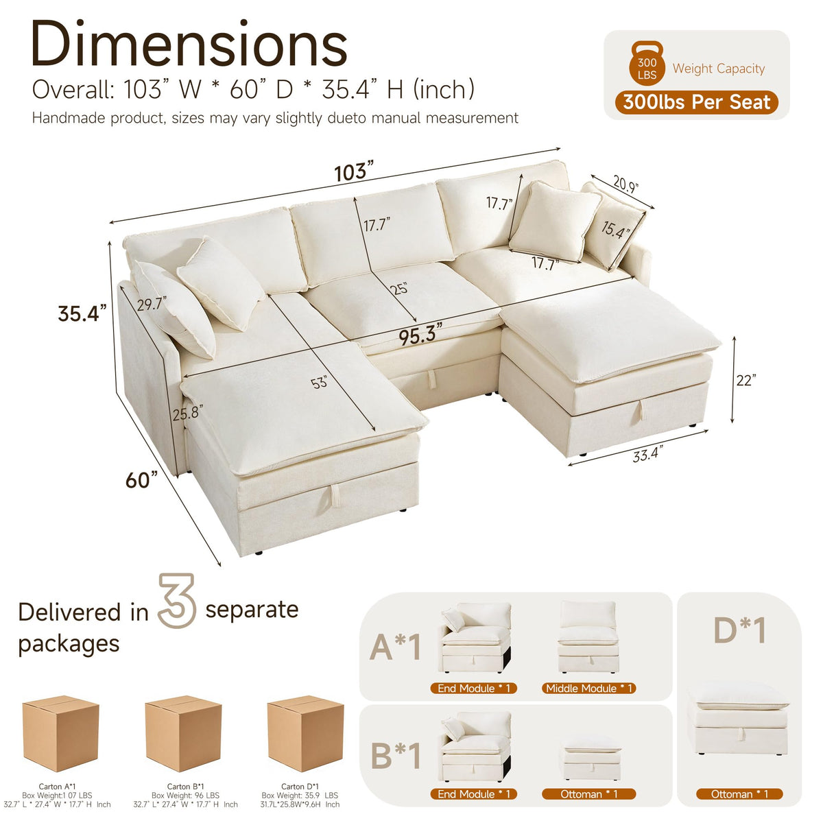 Modular Sofa with Storage, 103" U-Shape Sectional Cloud Couch, Oversized Fabric Couch with Movable Ottoman, 5 Seat