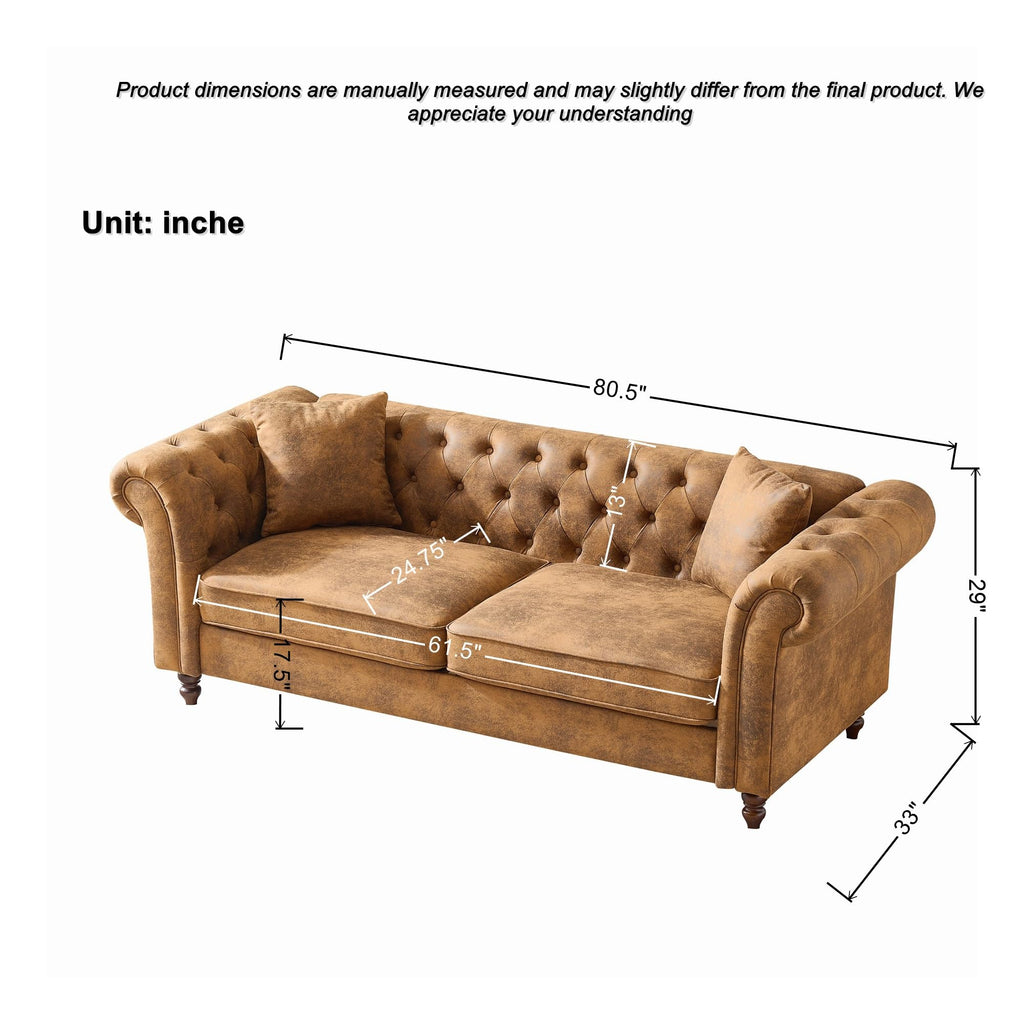 80.5" 2 Piece 3-Seater Velvet Chesterfield, Combination with Button Tufted Curved Backrest Rolled Arms, Faux Leather