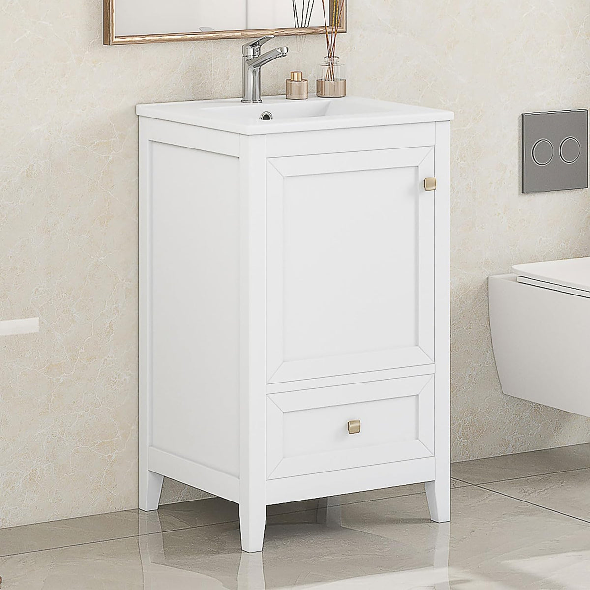 20-inch Solid Wood Bathroom Vanity with Sink, Free Standing Cabinet, Soft Closing Door, Storage Rack