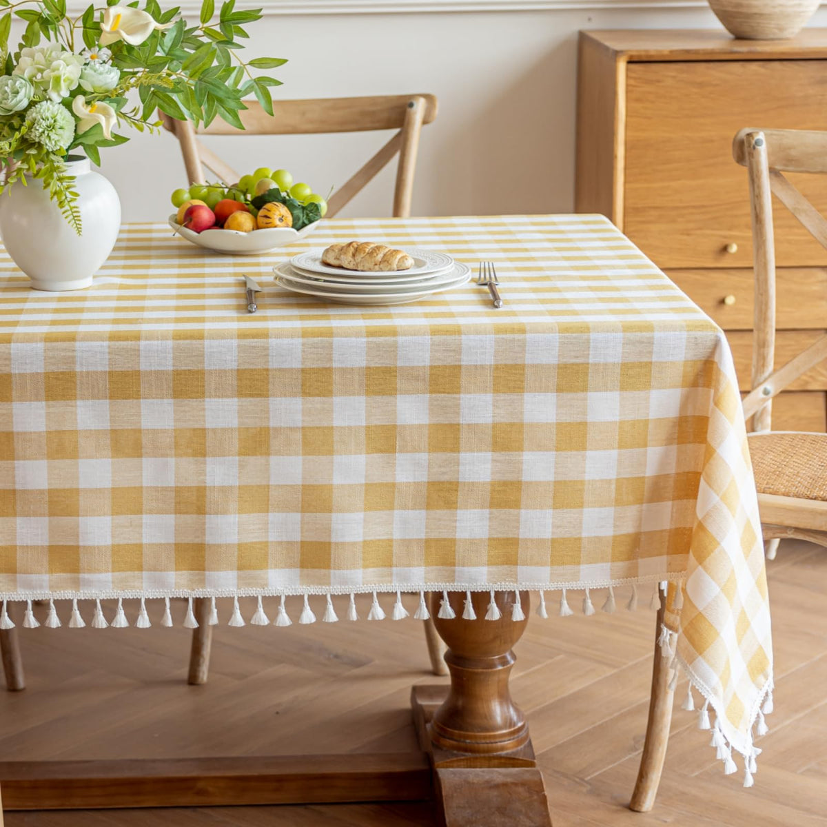 Yellow Gingham Tablecloth Rectangle, Picnic Cotton Linen Fabric Checkered Table Cloth Buffalo Plaid Table Cover with