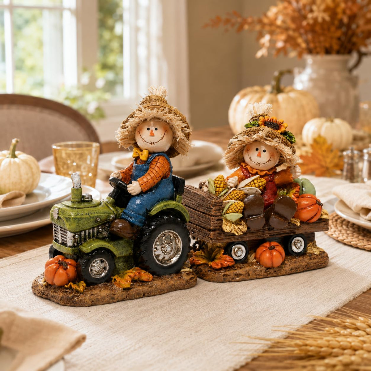 Thanksgiving Scarecrow Tractor Figurine, Harvest Table Decor