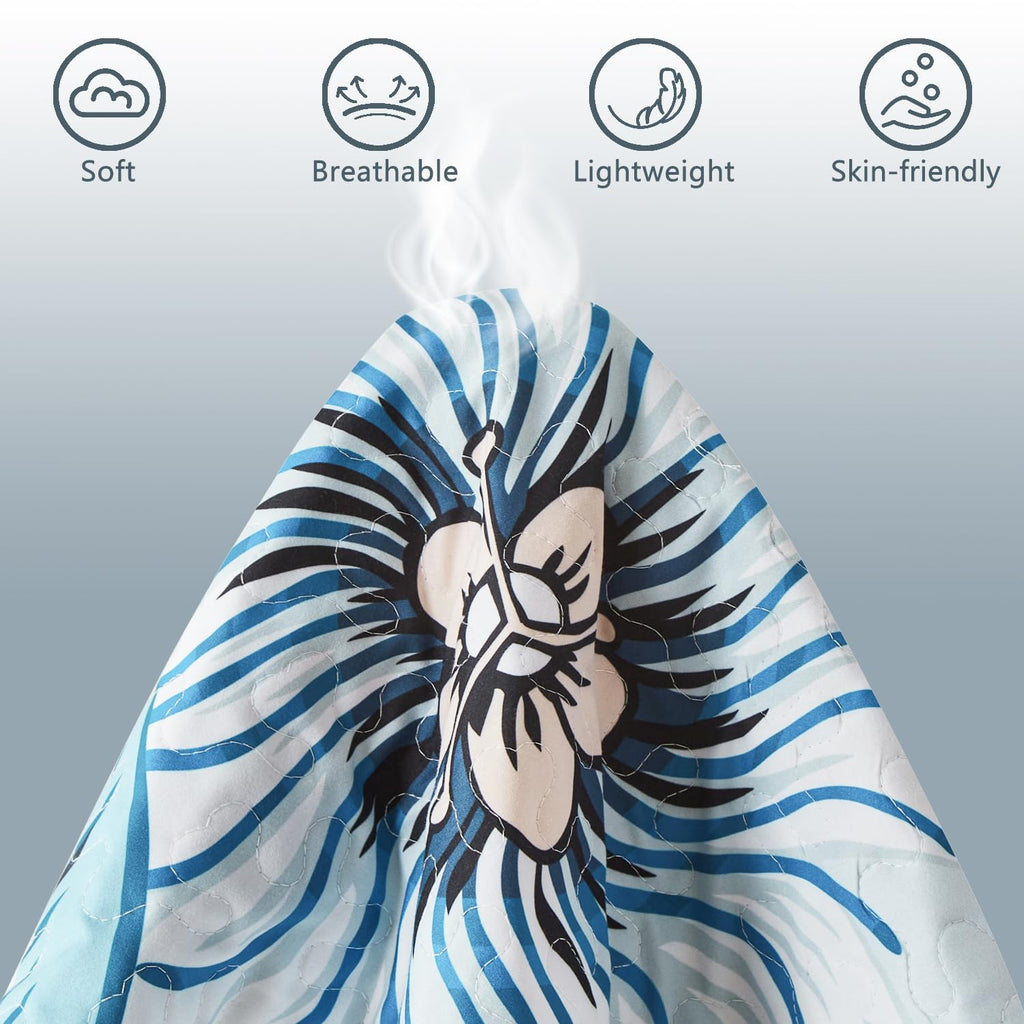 Quilt Bedding Set, White Green Botanical Pattern Light Blue Quilt Set