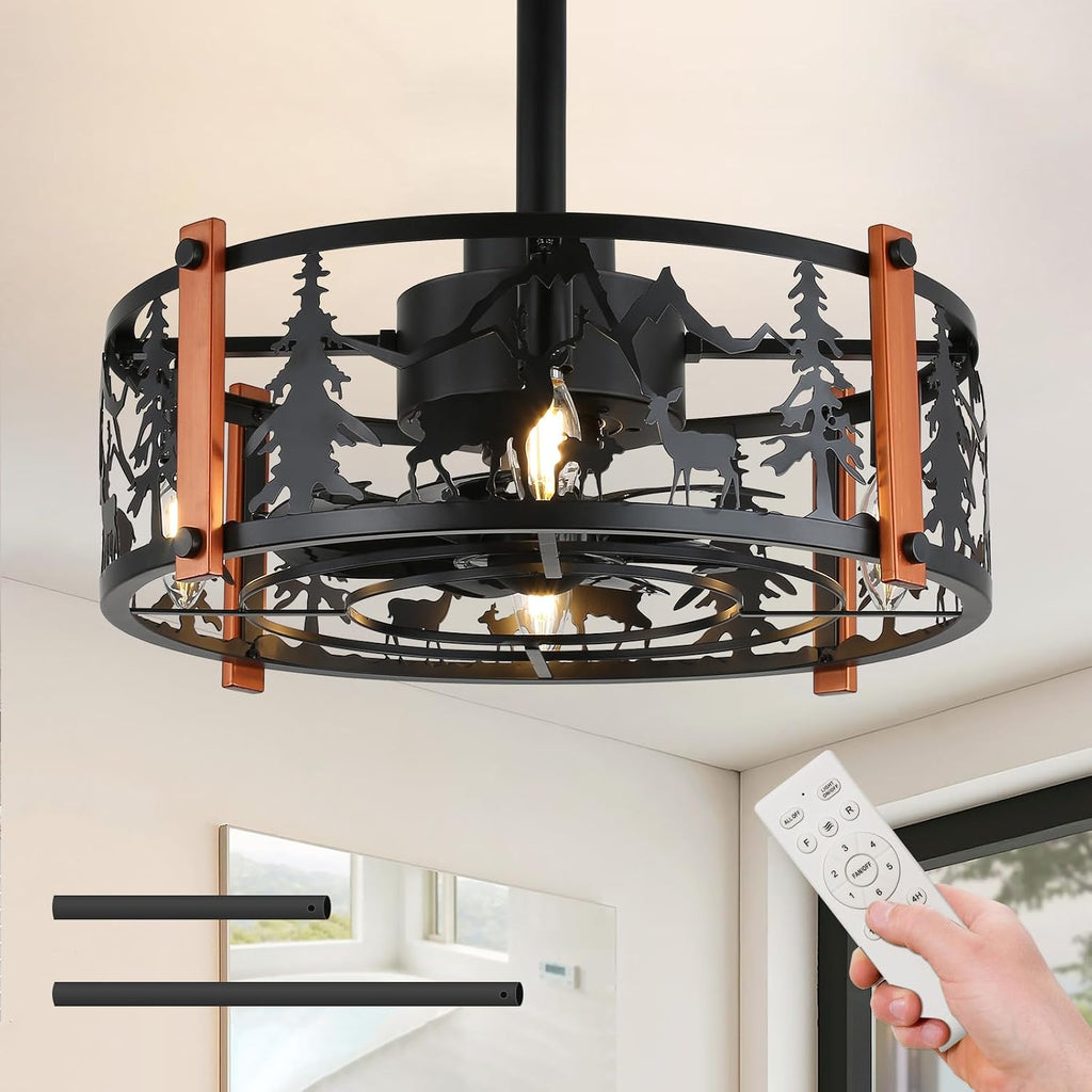 19" Black Caged Ceiling Fan with Light