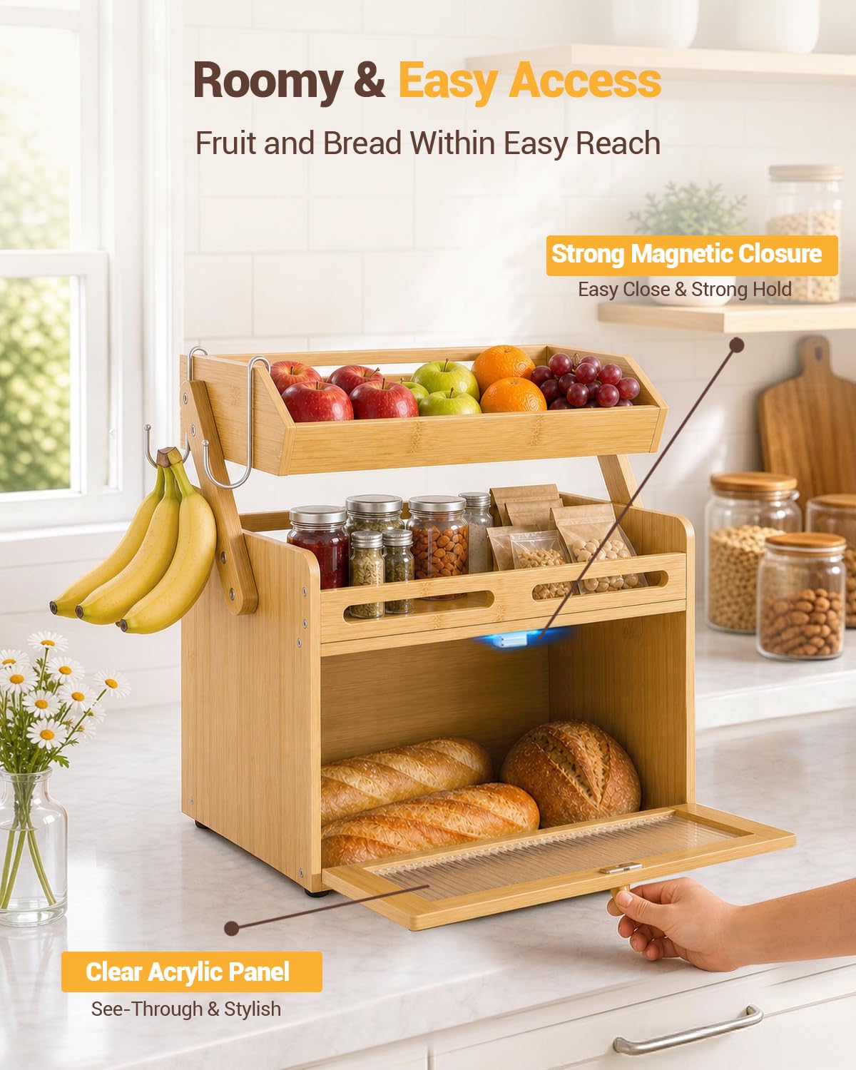 Countertop, Bamboo Bread Storage with Fruit Basket