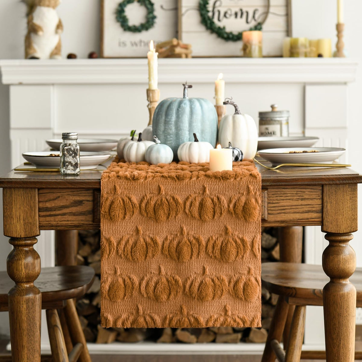 Caramel Soft Faux Fur Pumpkins Fall Table Runner 13x72 Inch