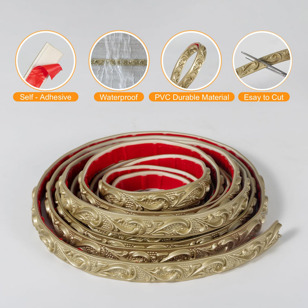 0.8" x16.4FT Champagne Gold Crown Molding Trim - Peel and Stick 3D Floral Wall Trim for Mirror Frames, Furniture &