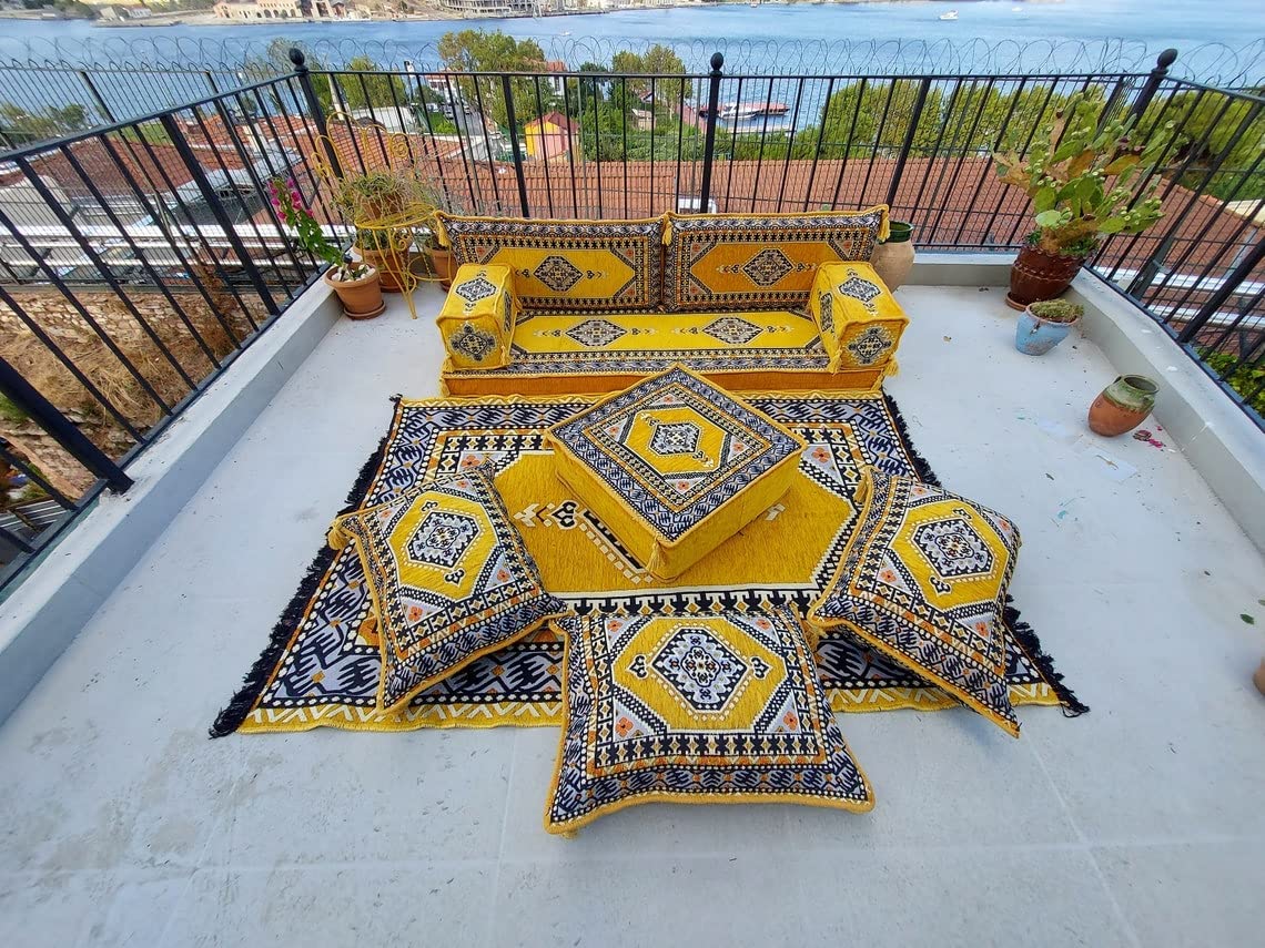 Ethnic Yellow Loveseat Floor Seating Sofas - Bohemian Style Floor Cushions Set