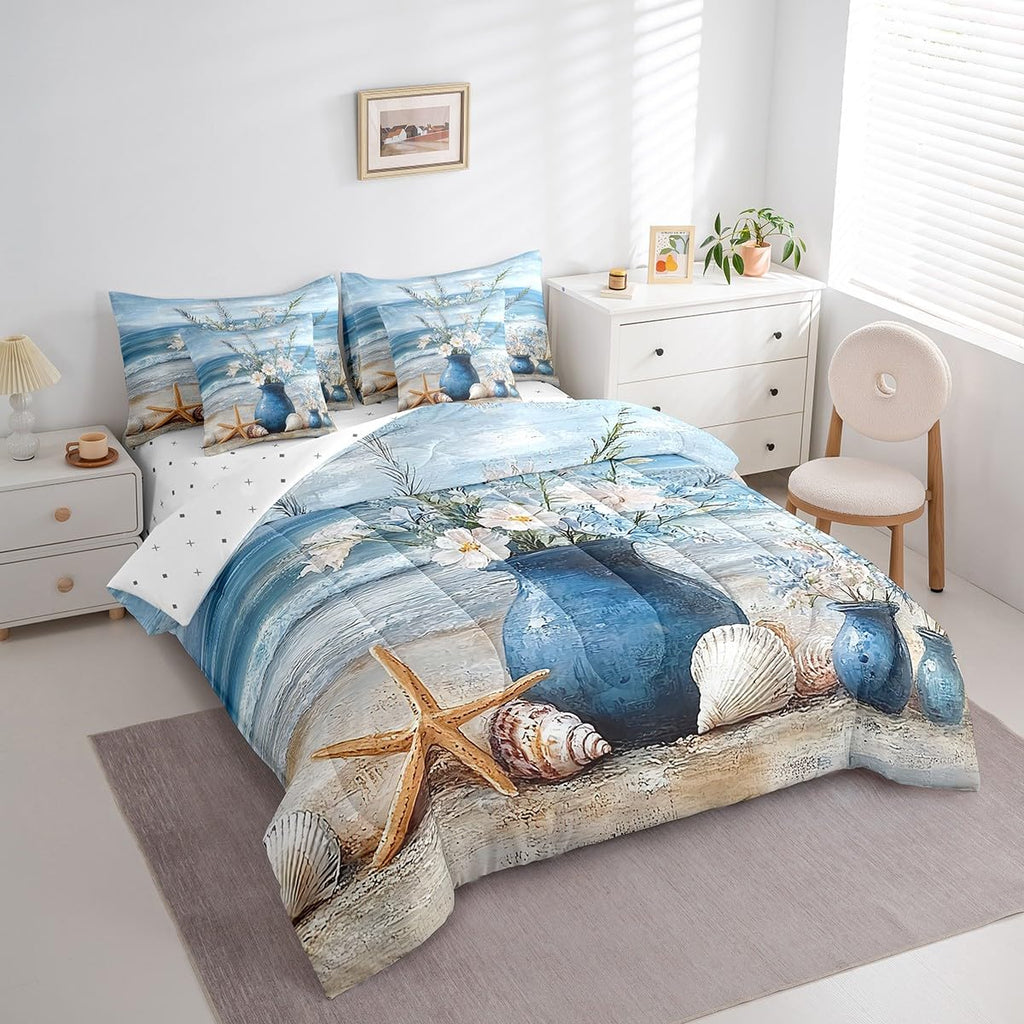 7 Piece Coastal Beach Floral Bedding Set, Ocean Waves Starfish Sea Shell Bed in a Bag with Sheets, Aesthetic