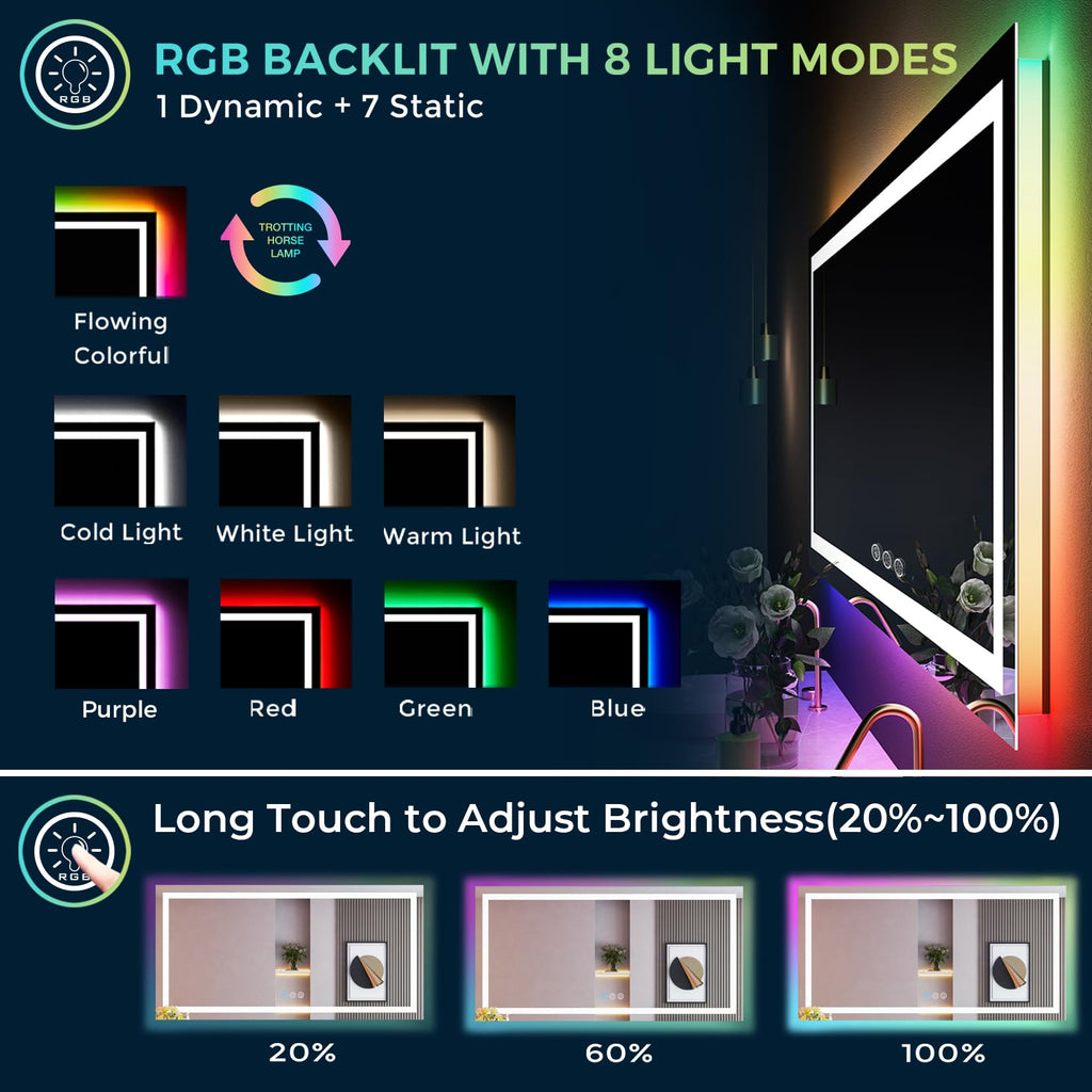 88x38 LED Bathroom Mirror with Lights, RGB Backlit Lighted Mirror