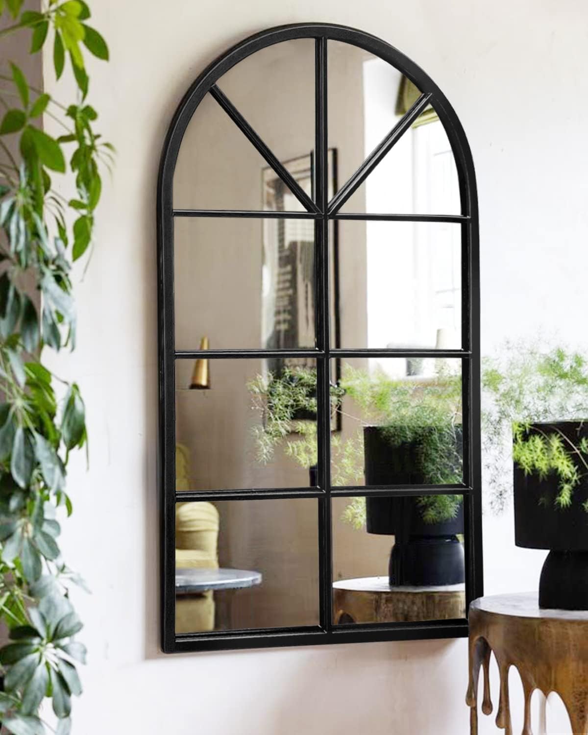 Arched Windowpane Mirror, 42"x24" Metal Frame Wall Mirror, Black