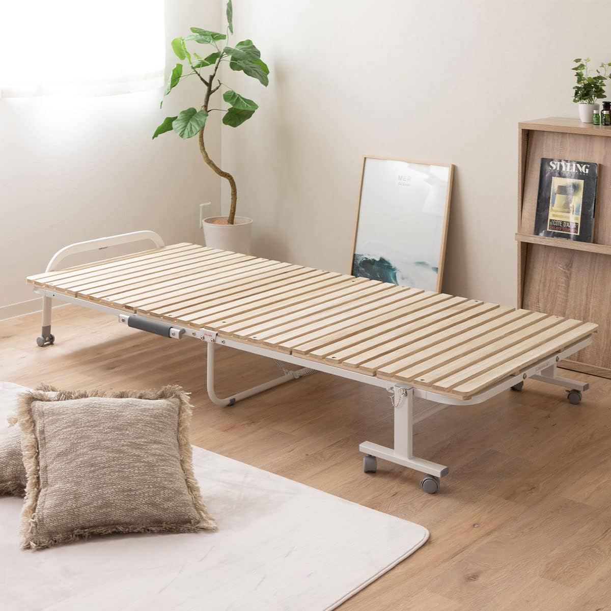 Wooden Slatted Folding Bed Frame, Foldable Rollaway Sturdy Paulownia Japanese Futon Mattress Tatami Natural No