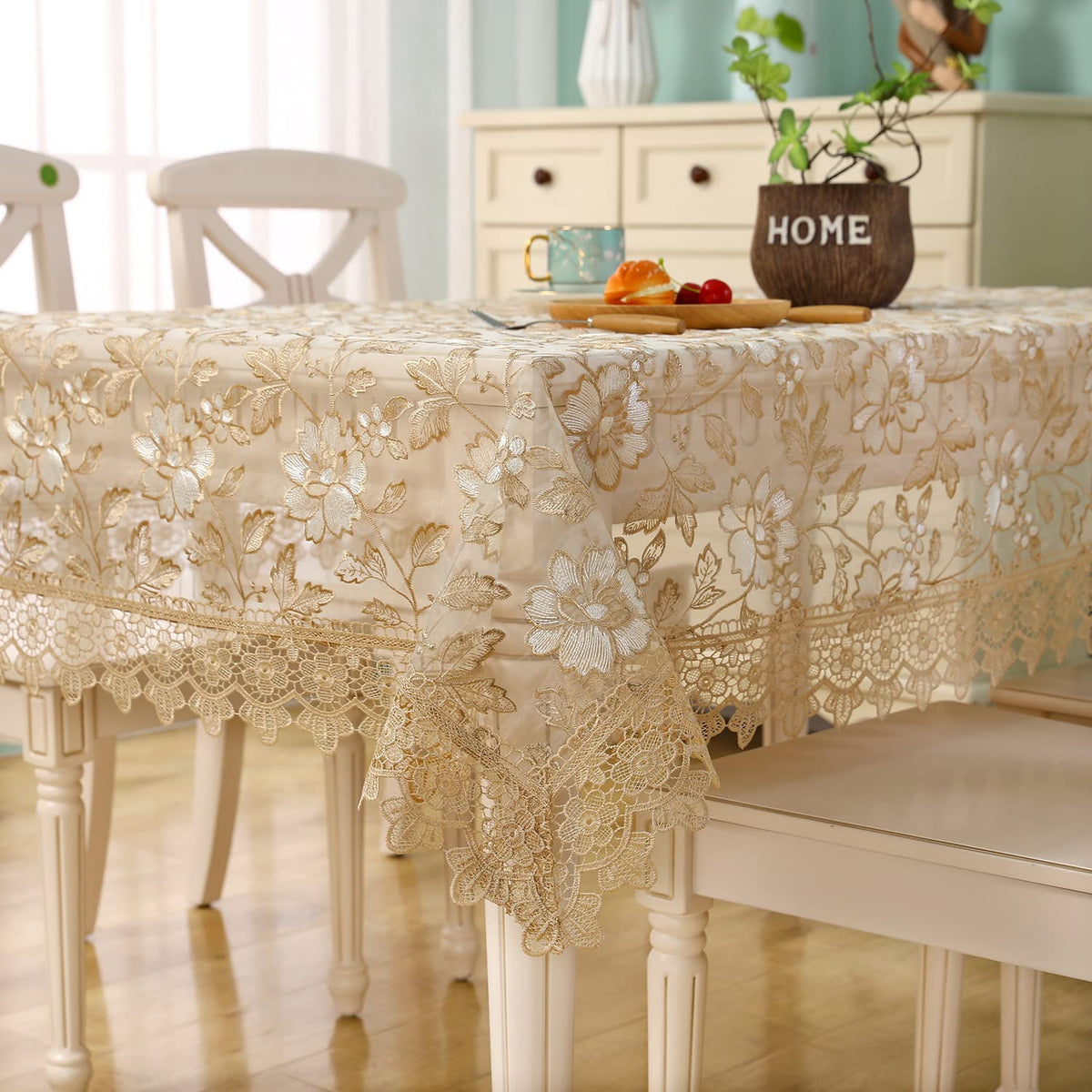 Lace Tablecloth Embroidery with Tassel - Shabby Chic Vinyl Rectangle Table Cloth for 6 Foot Tables Floral Tablecloth