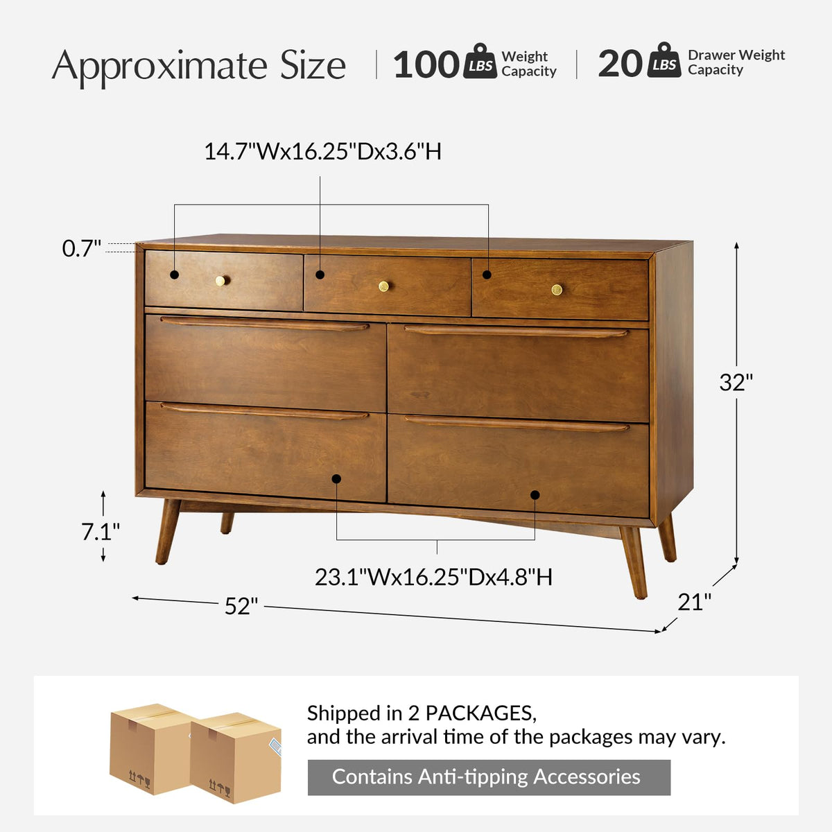 7 Drawer Dresser, 52" Wide Mid-Century Modern Chest of Drawers with Built-in Drawer Dividers, Wooden Bedroom Drawer