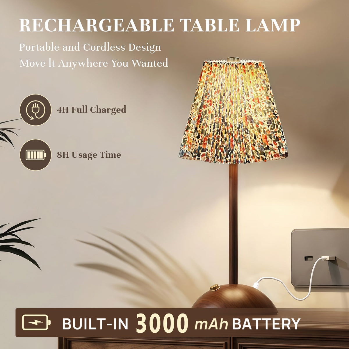 Small Vintage Cordless Table Lamp, Rechargeable Battery Operated Lamp with 3 Color Temperatures Stepless Dimming