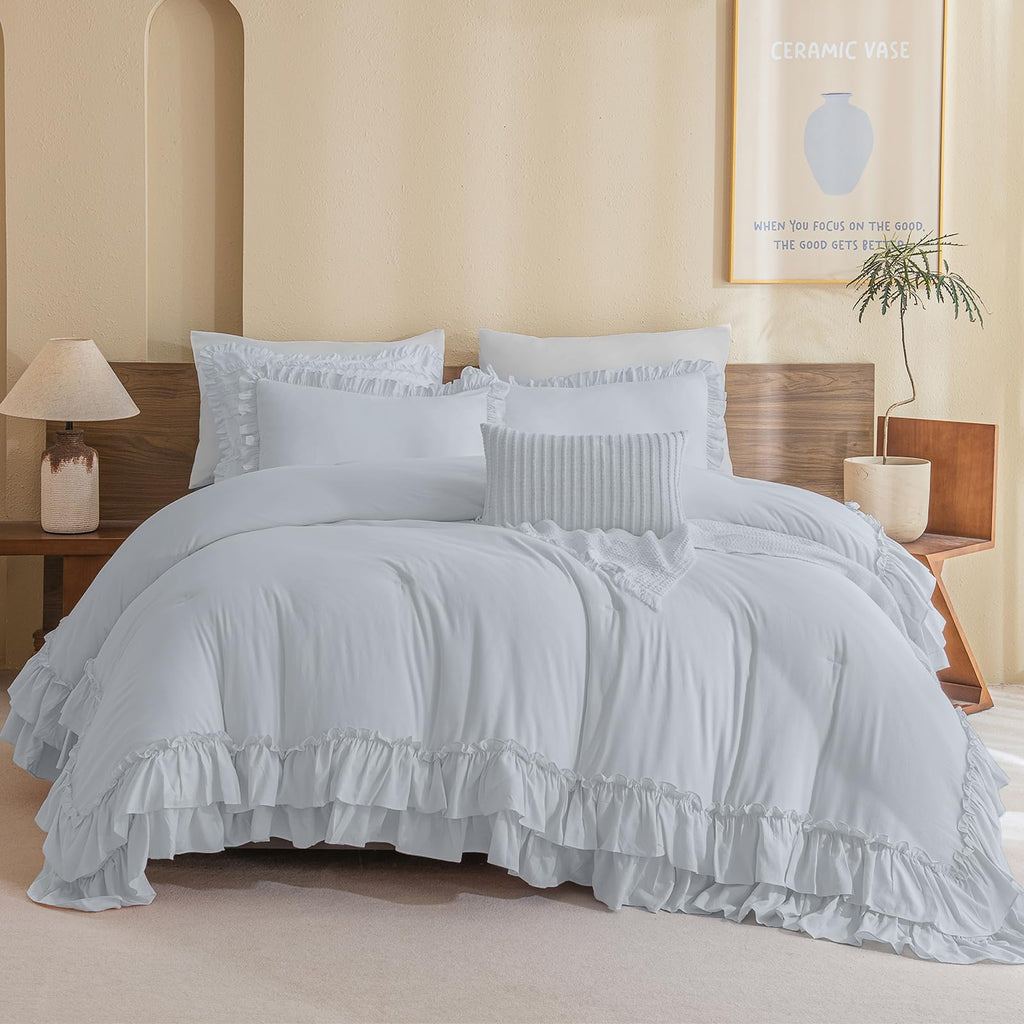 Ruffled Comforter Set for Queen Bed, 3 Pieces Vintage Farmhouse Shabby Bedding Set Lightweight Ultra Soft French