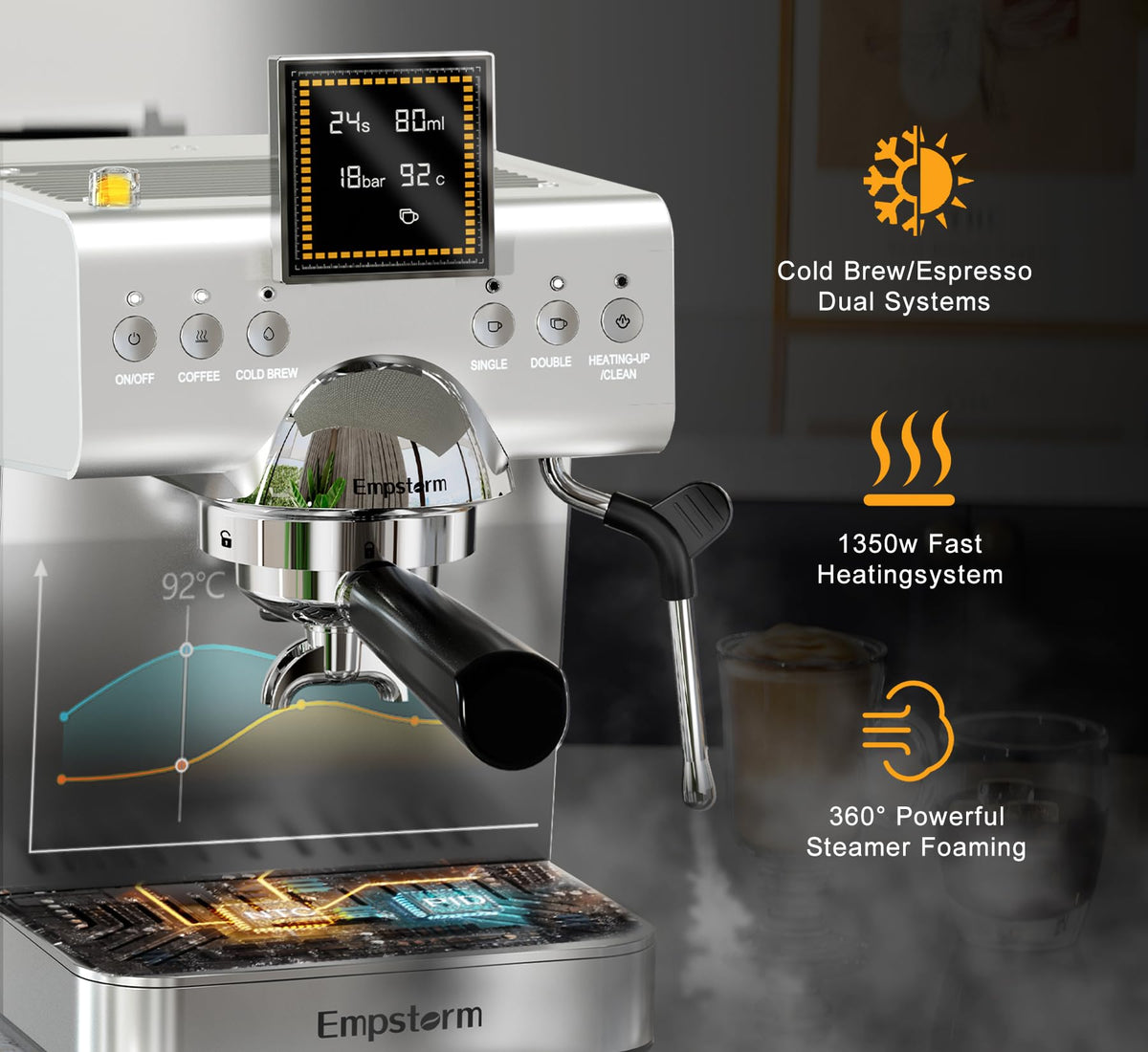 20 Bar Espresso Machine with Milk Frother Steam 1350W Silver