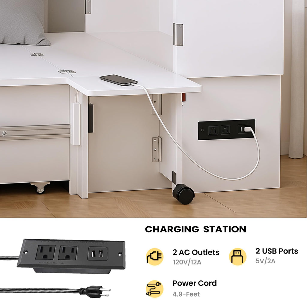 Murphy Bed with Motion Sensor Lights, Full Size Murphy Cabinet Bed Hideaway Bed with Storage & Charging Station