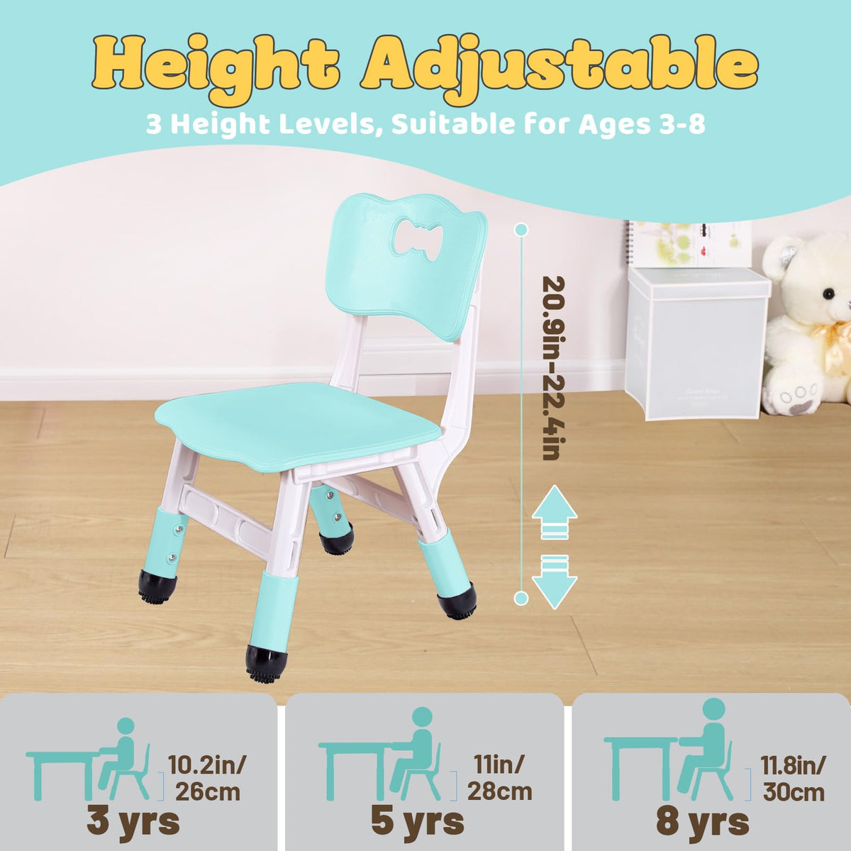 Adjustable Kids Chair (2pcs), 3 Level Height Adjustable Toddler Chair for Ages 3-8, Sturdy Child Chair with Maximum
