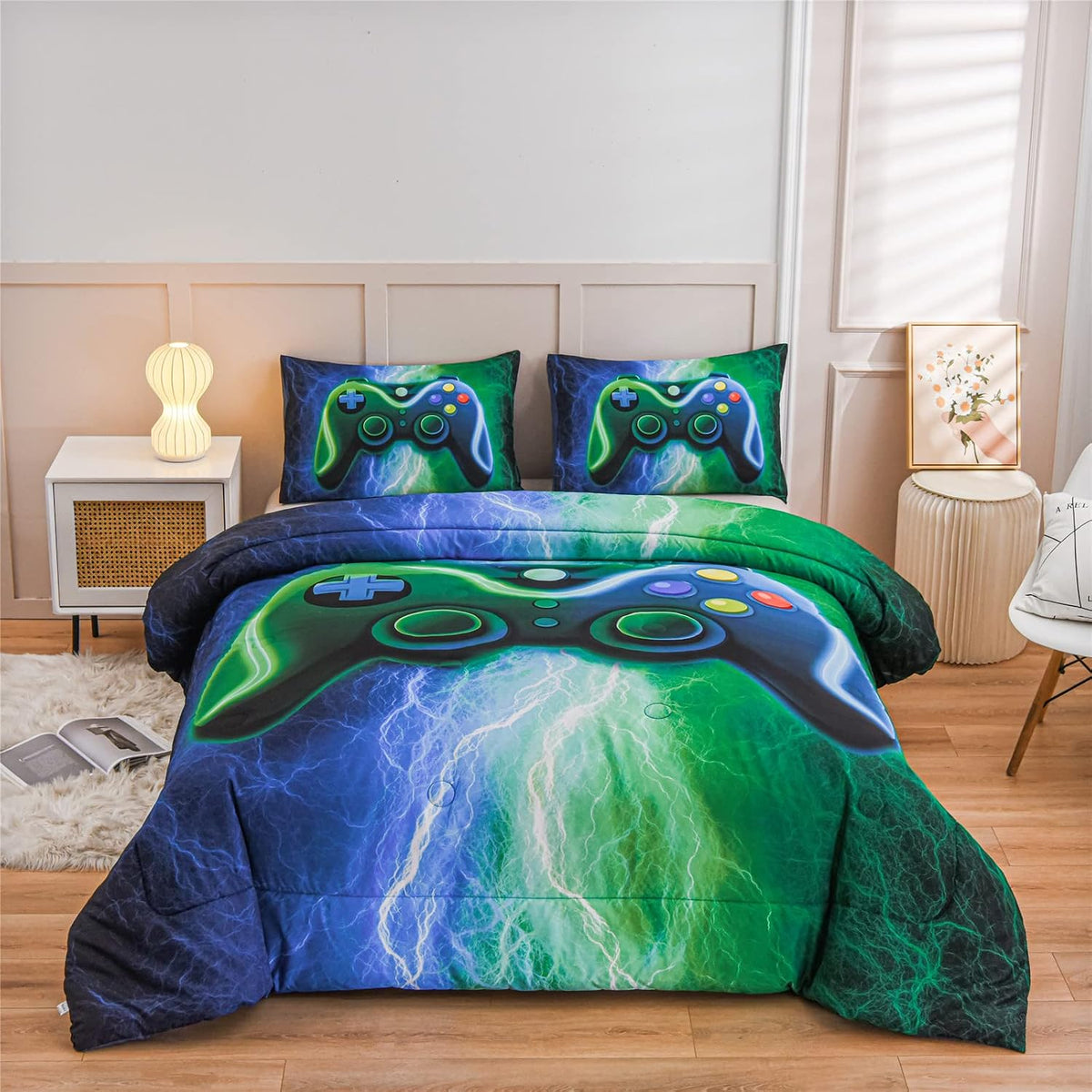 Gamer Gaming Bedding Sets Red Blue Lightnings Gamepad Comforter Set for Boys Games Console Action Buttons Novelty
