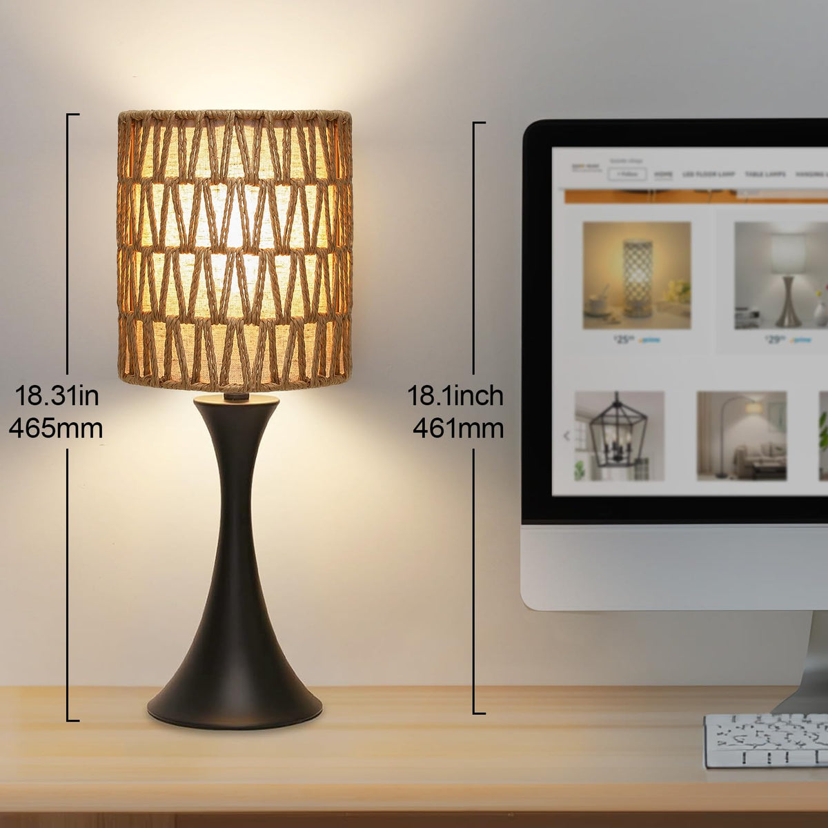Rattan Table Lamp, 3 Way Touch Control Bedside Lamp with Dual-Layer Shade