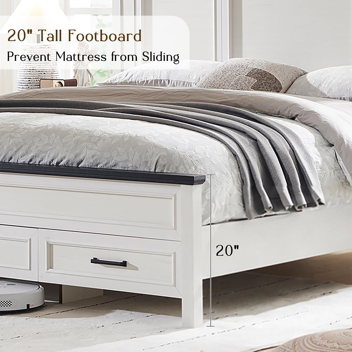 Farmhouse Bed Frame with 53" Tall Headboard, Off White