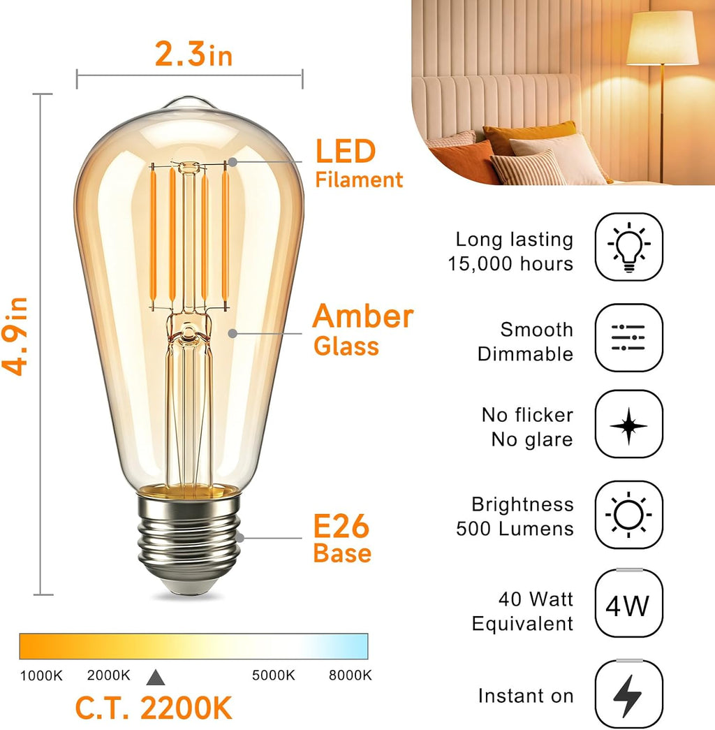 Vintage Edison LED Light Bulbs, 40W Equivalent E26 Dimmable, 4 Pack