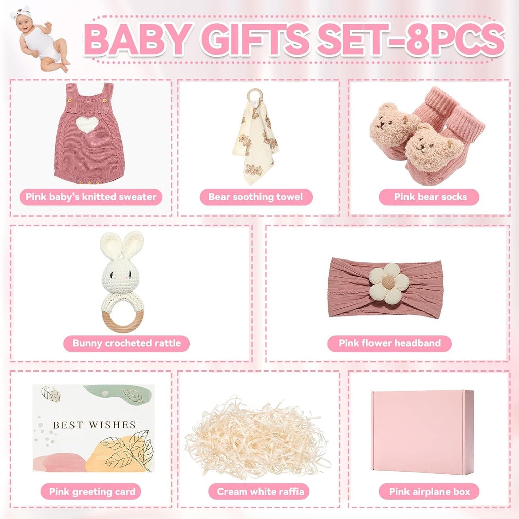 Gift Set for Shower Gifts Basket Pink Essentials with Knitted Sweater Infant Rattle Socks Bear Blanket Flower
