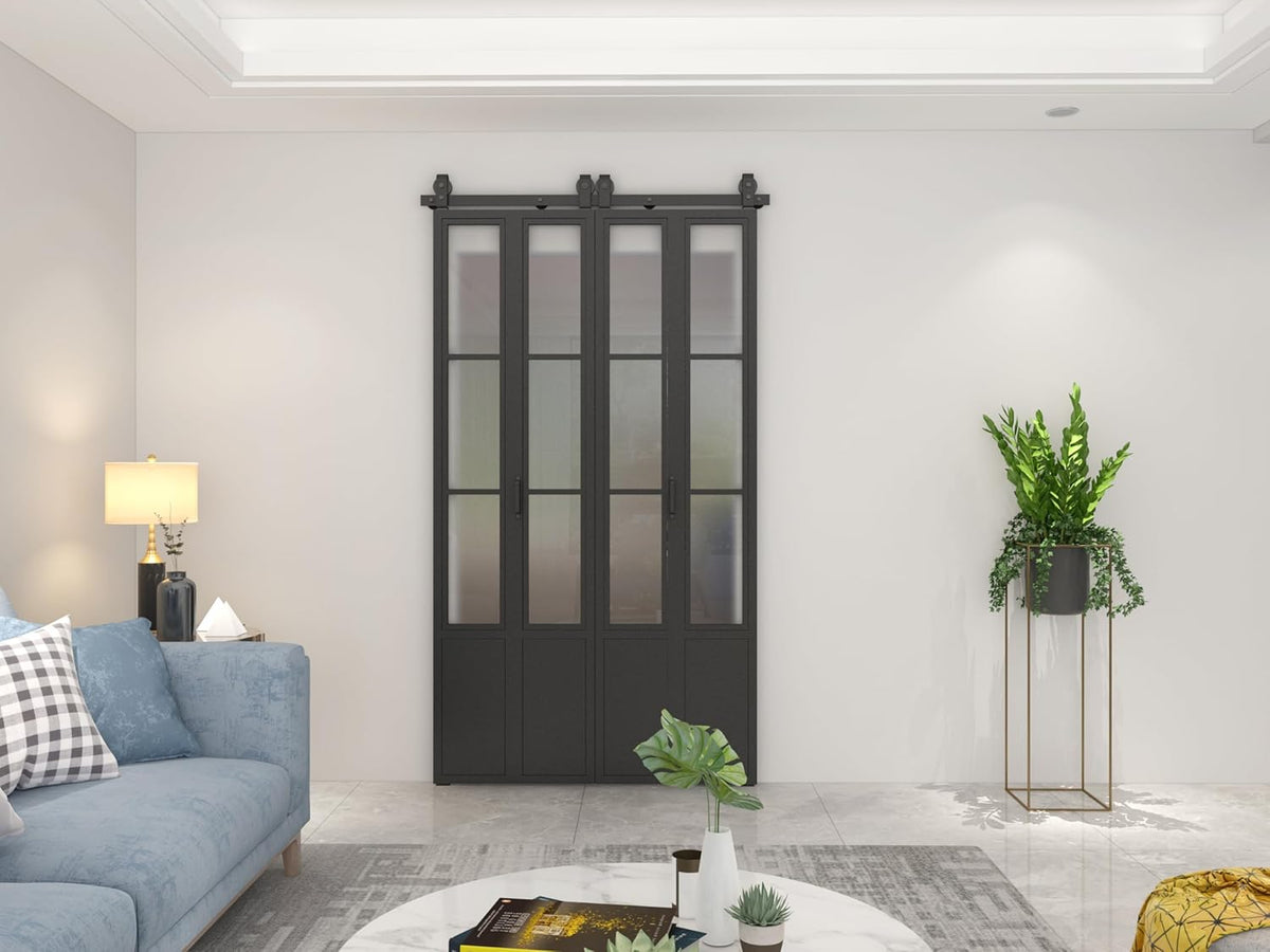 48 in. x 84 in. 3/4 Lites Frosted Glass Black Steel Frame Double Bi-Fold Barn Doors with Hardware Kit and Door Handle