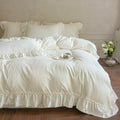 French Chic Ruffled Duvet Cover Queen Size Beige Wavy Jacquard Bedding Set 3 Pieces, Microfiber Zipper Comforter