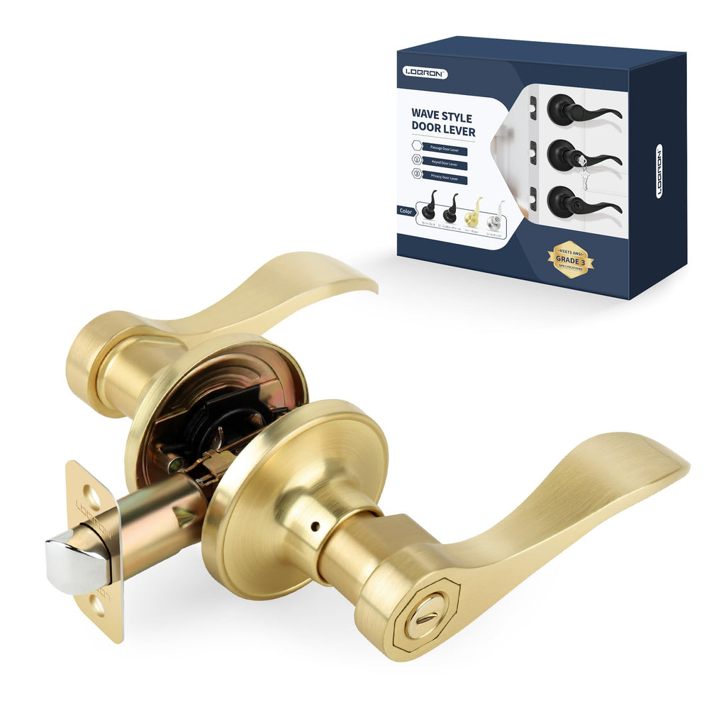 Privacy Wave Style Gold Door Handles (No Key) Interior and Interior Closet, Brushed Gold Door Lock with Reversible