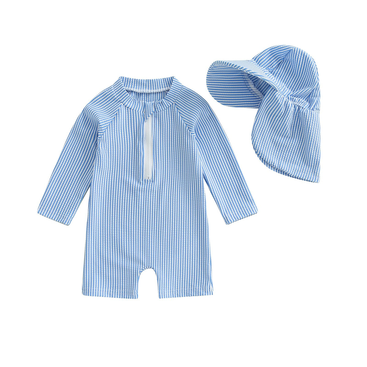 Baby Boys Girls Swimsuit One Piece Striped Zipper Bathing Suit Rash Guard Long Sleeve Seersucker Swimwear Sunsuit