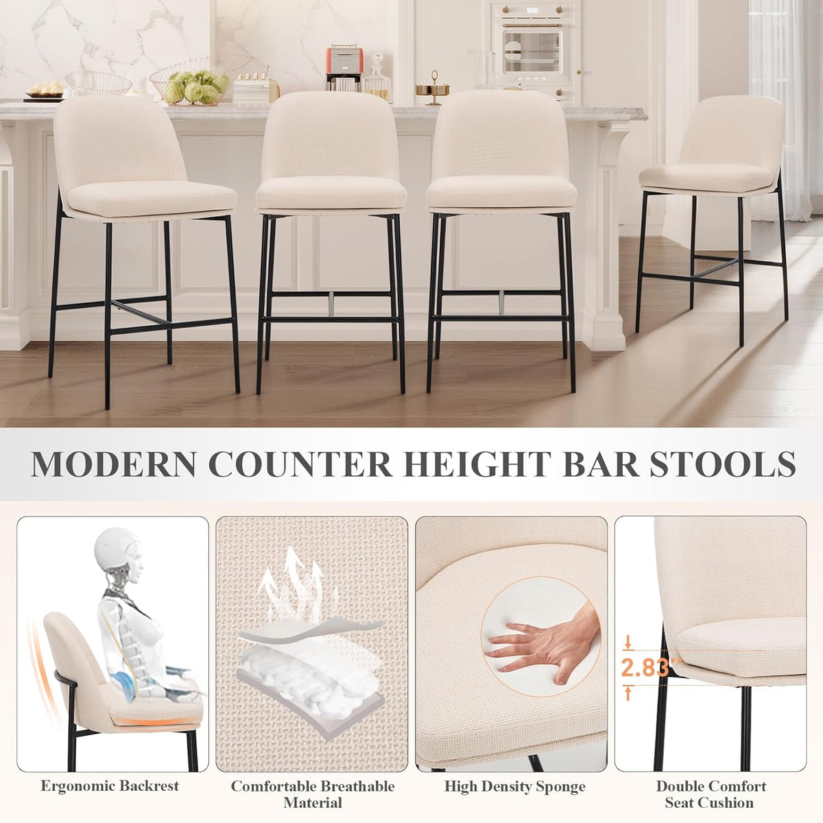 Counter Height Bar Stools Set of 4, 25 Inch Modern Fabric Kitchen Island Stools with Back, Upholstered Counter