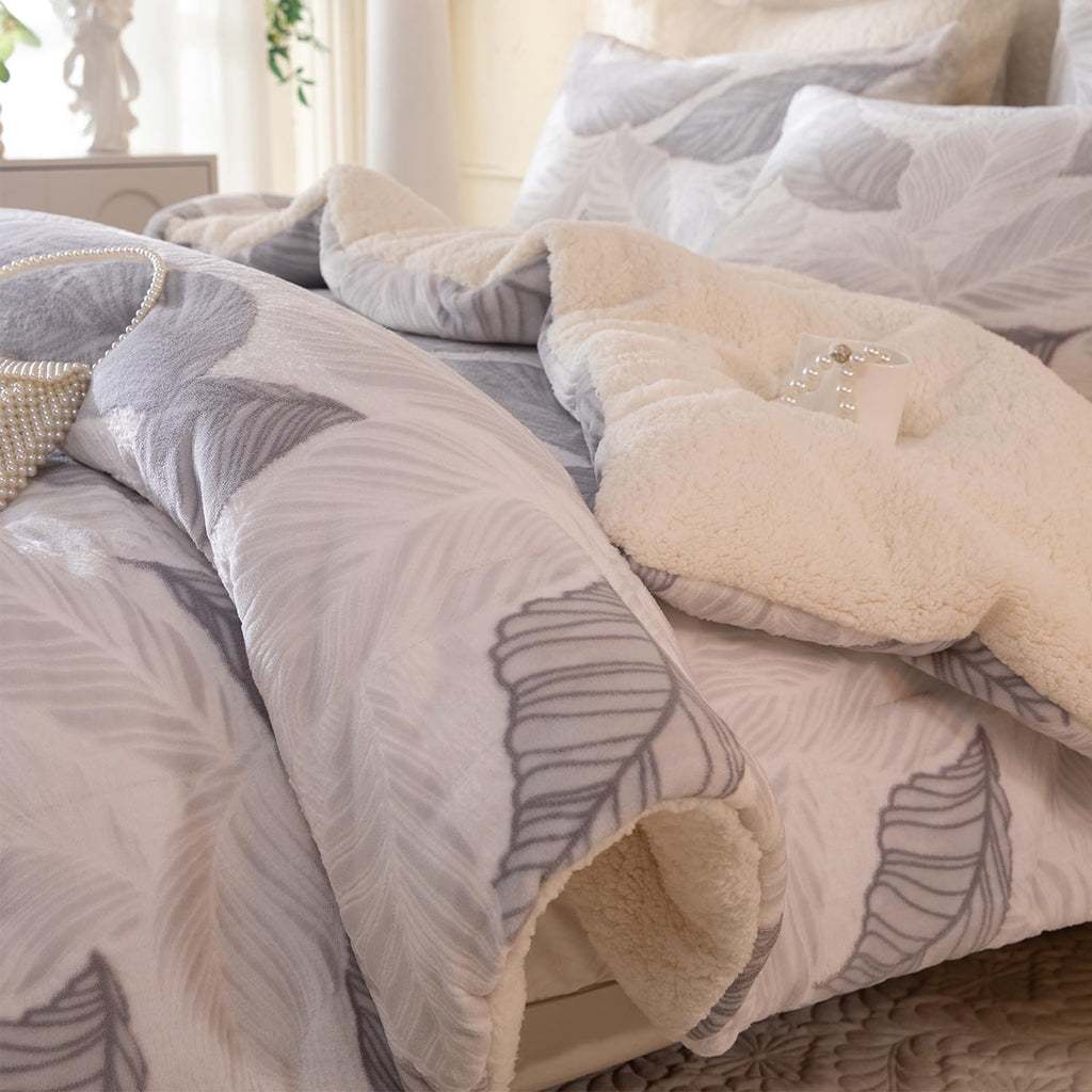 Tufted Fleece Comforter Set - Super Soft Warm Fluffy Shaggy Bedding Sets, Leaves Jacquard Bed Set for Winter, 1