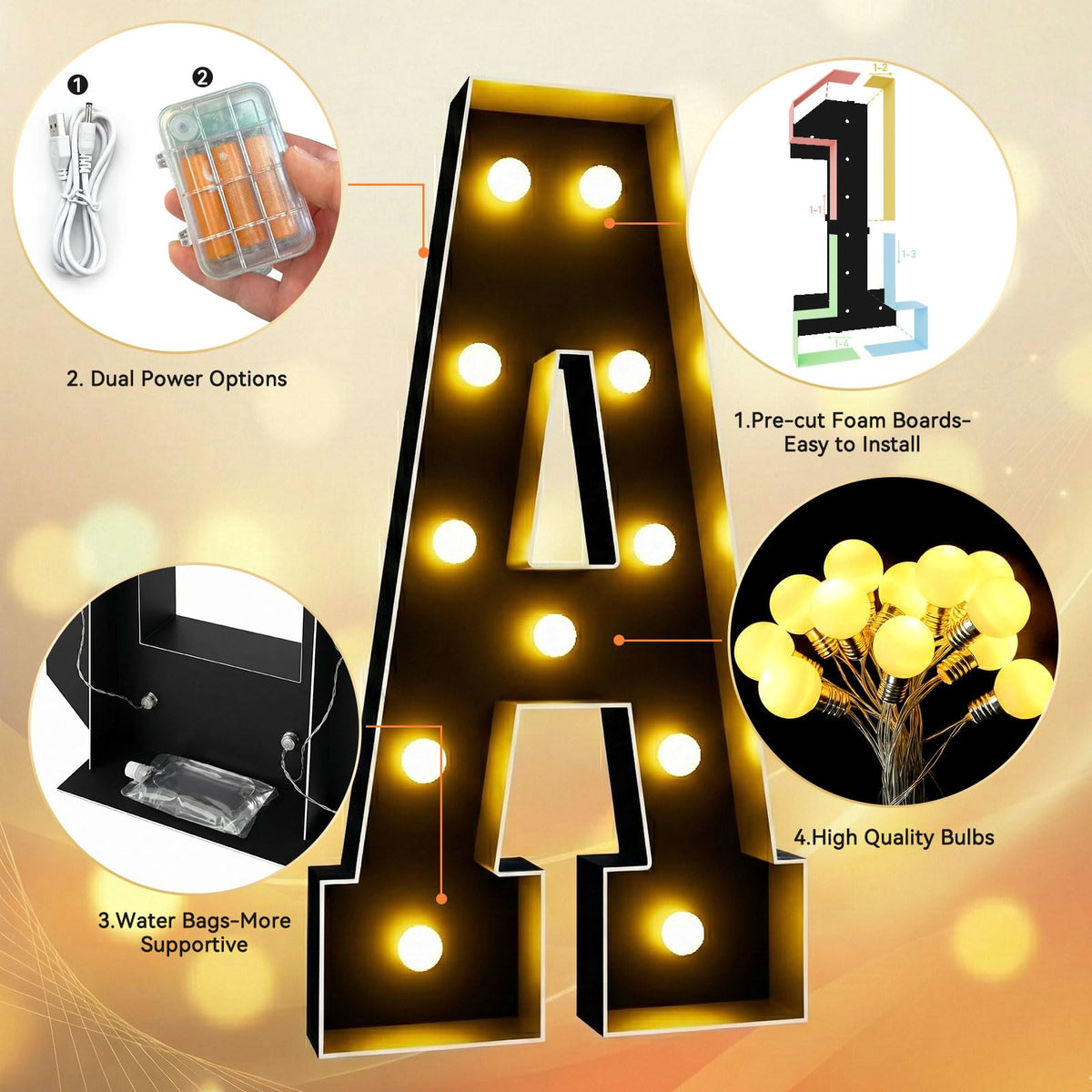 4FT Marquee Light Up Letters R, Black Marquee Letters for Party