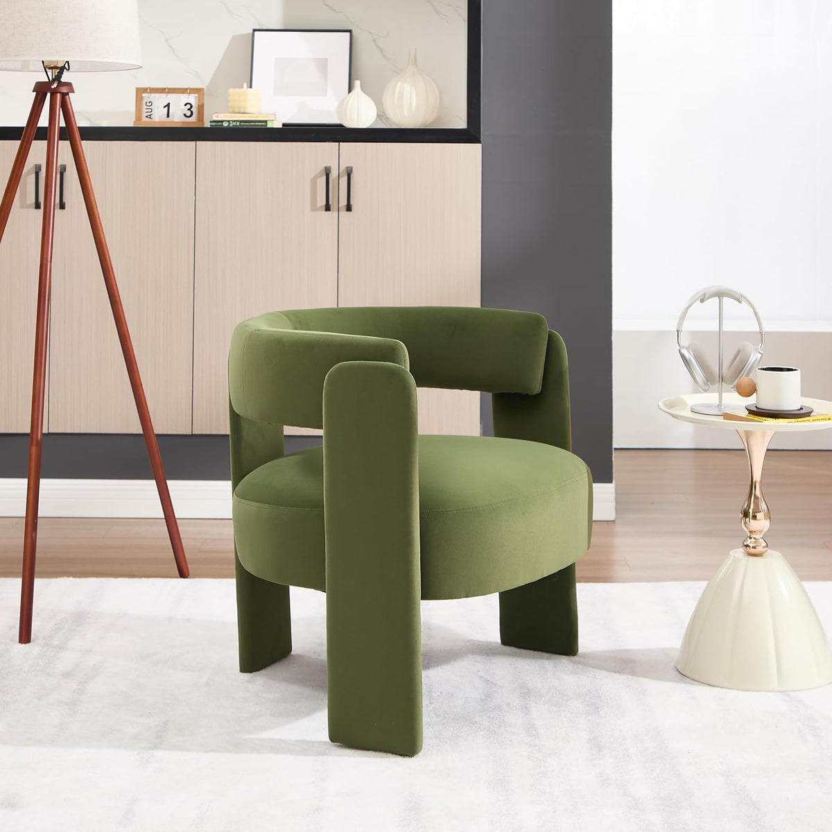 Accent Chair Living Room Velvet Upholstered Barrel Armchair Modern Curved Back Lounge Seat Plush Cushion Reading Sofa