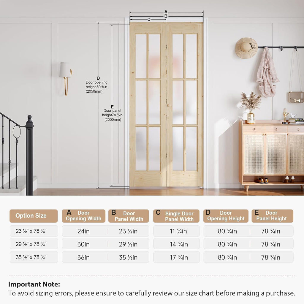30"x 80" (Double 15" x 80") Bifold Barn Door, Tempered Frosted Glass Bifold Closet Door with 2.5FT Concealed Hardware