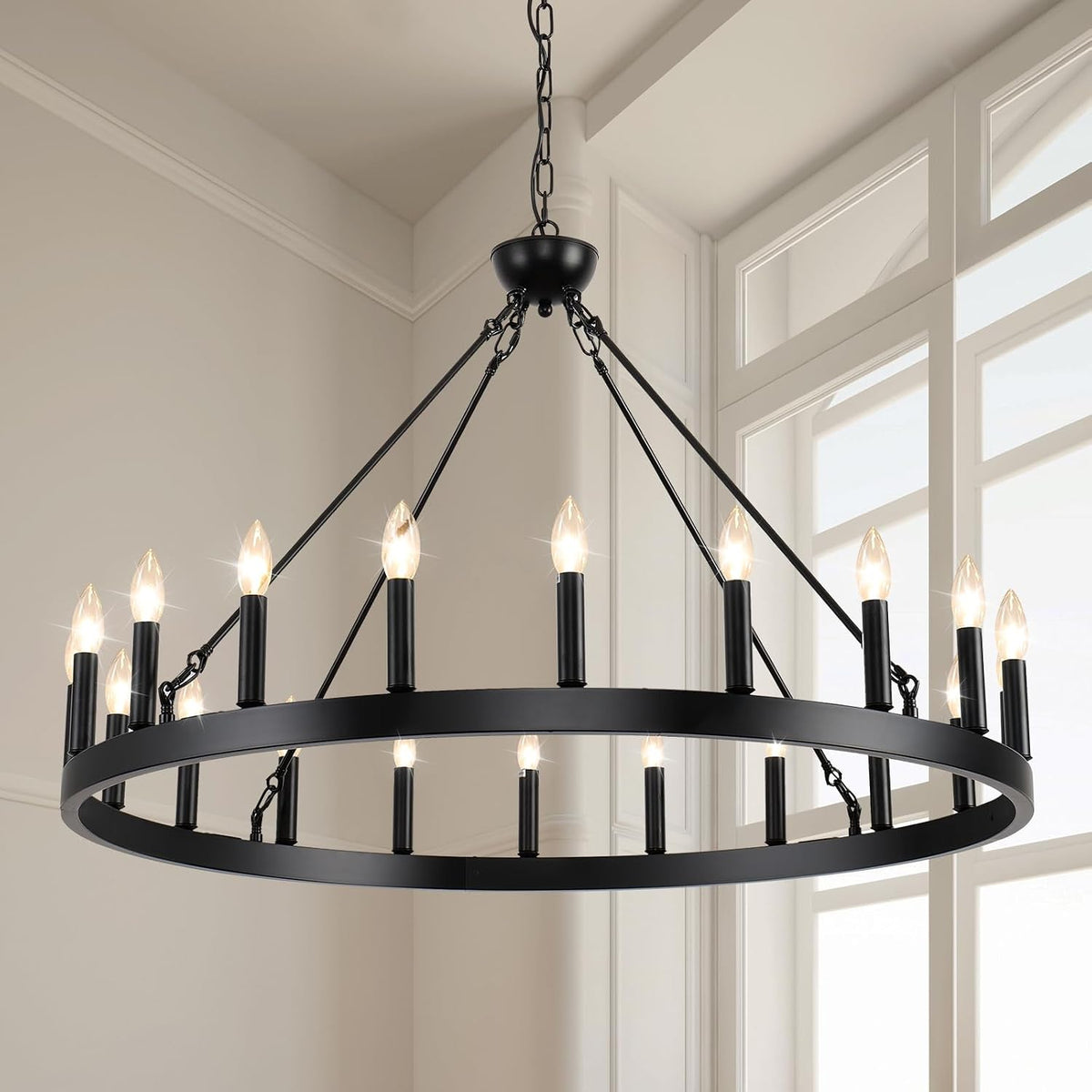 Wagon-Wheel Chandelier, Rustic Candle-Light Ring Fixture for Dining and Entry