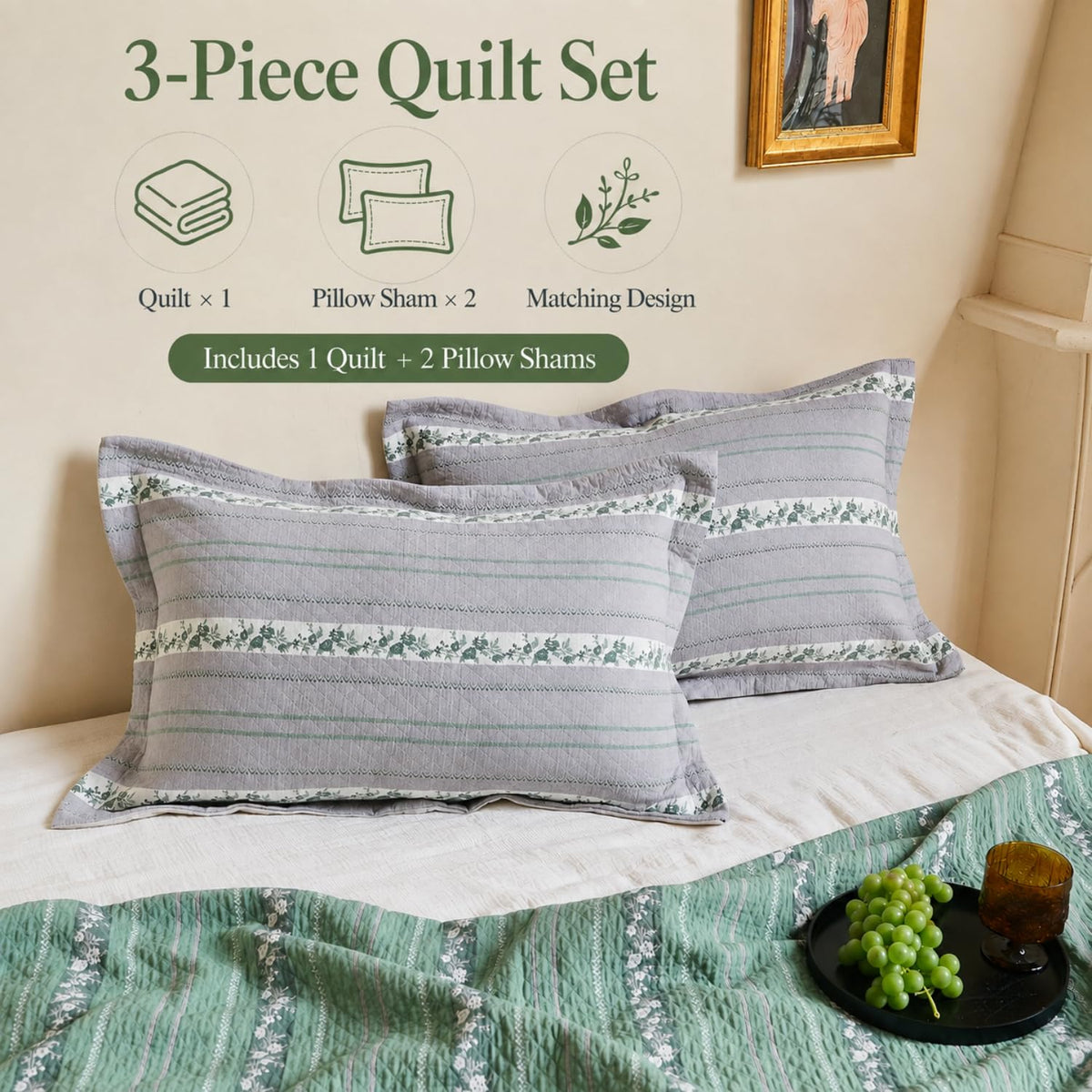 Cotton Jacquard Flower Quilt Set, 3-Piece Botanical Bedspread