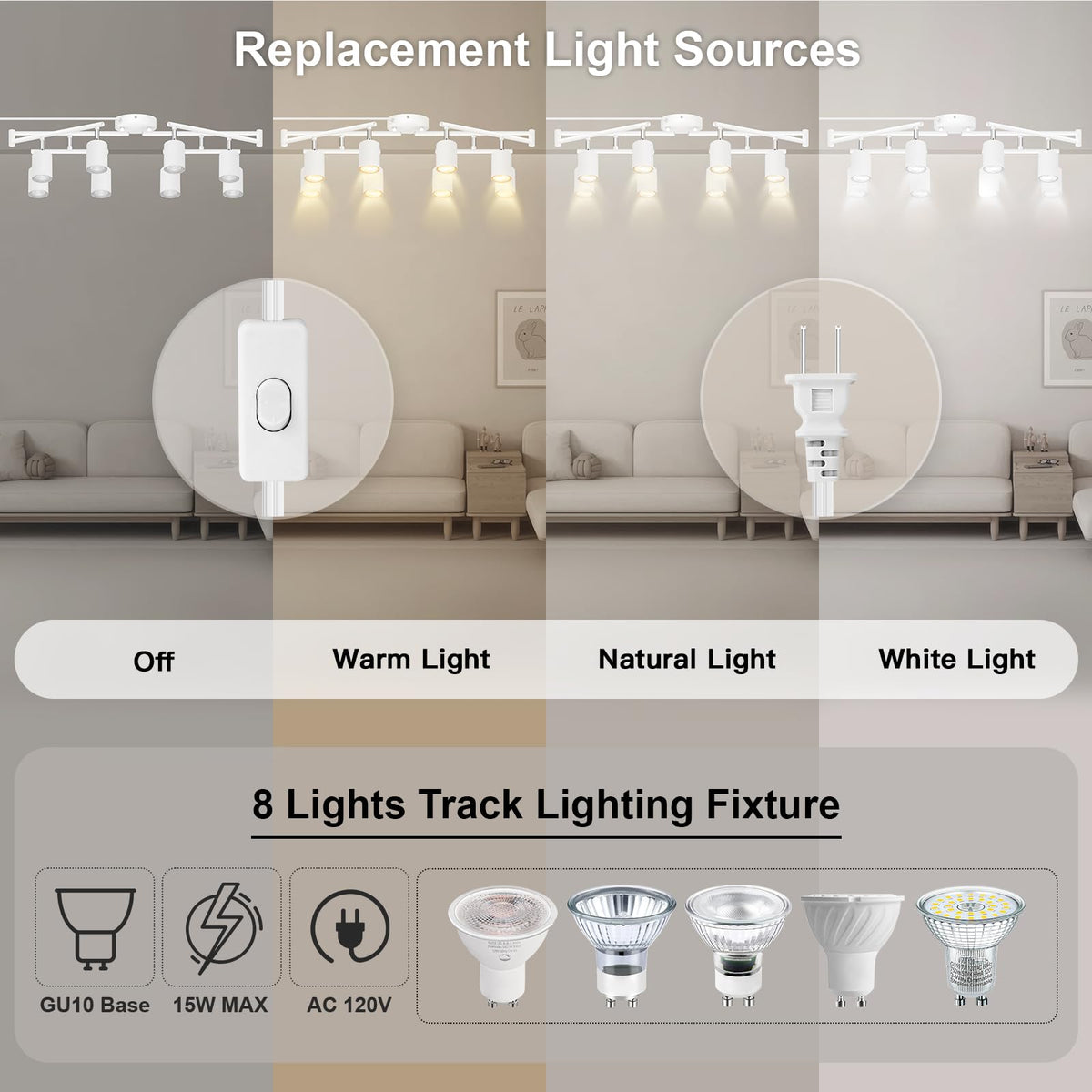 Plug in Track Lighting LED, Track Lighting Fixtures Ceiling, White 8-Light Kitchen Light Kit, Plug in Wall Light