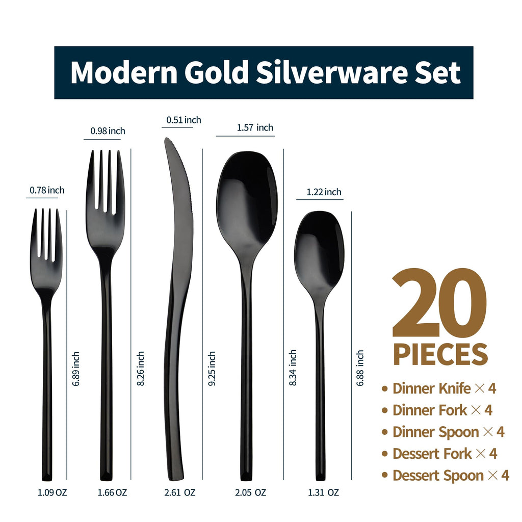 20-Piece Black Silverware Set for 4,Modern 18/10 Stainless Steel Flatware Set,Luxury Cutlery Set,Unique Utensils Set