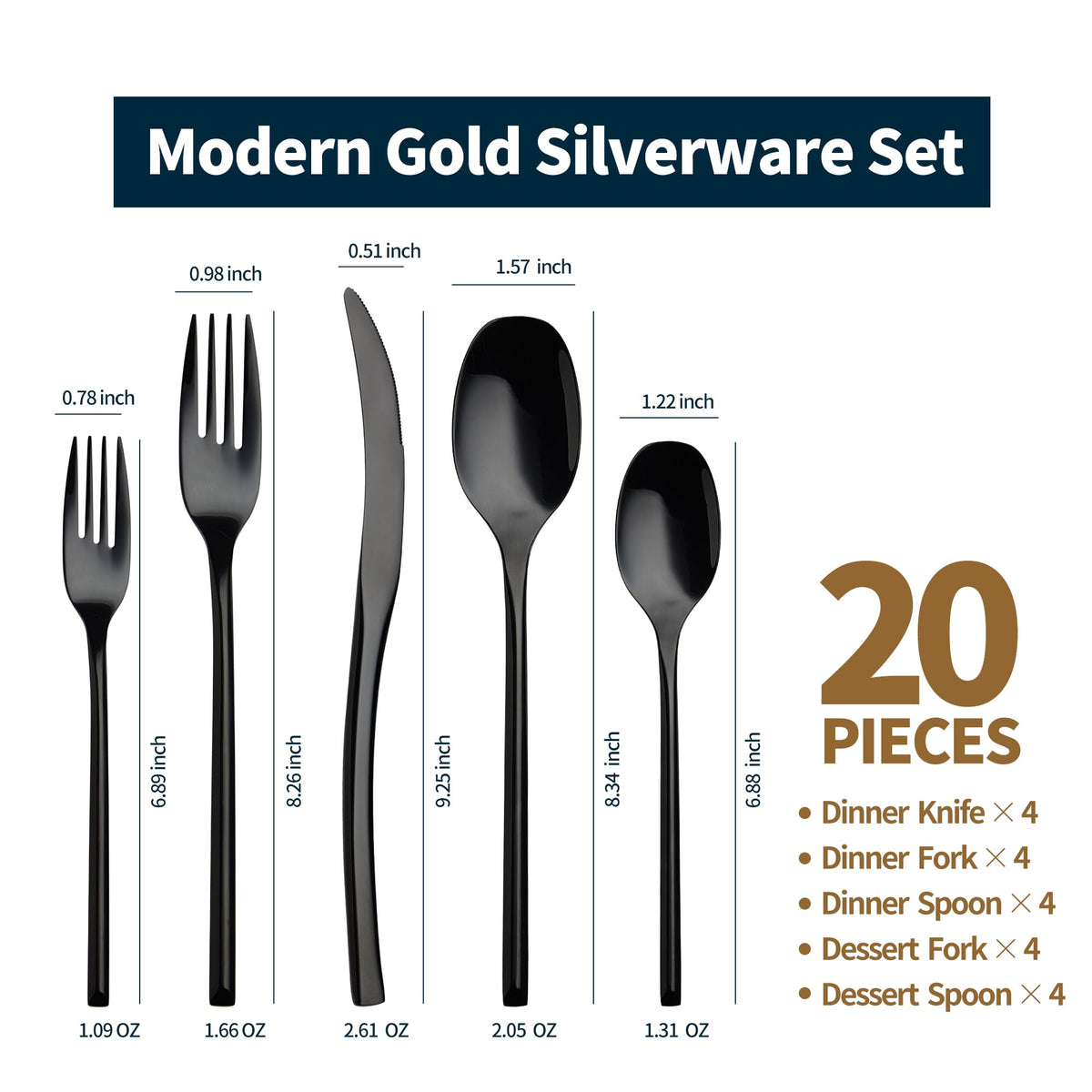 20-Piece Black Silverware Set for 4,Modern 18/10 Stainless Steel Flatware Set,Luxury Cutlery Set,Unique Utensils Set