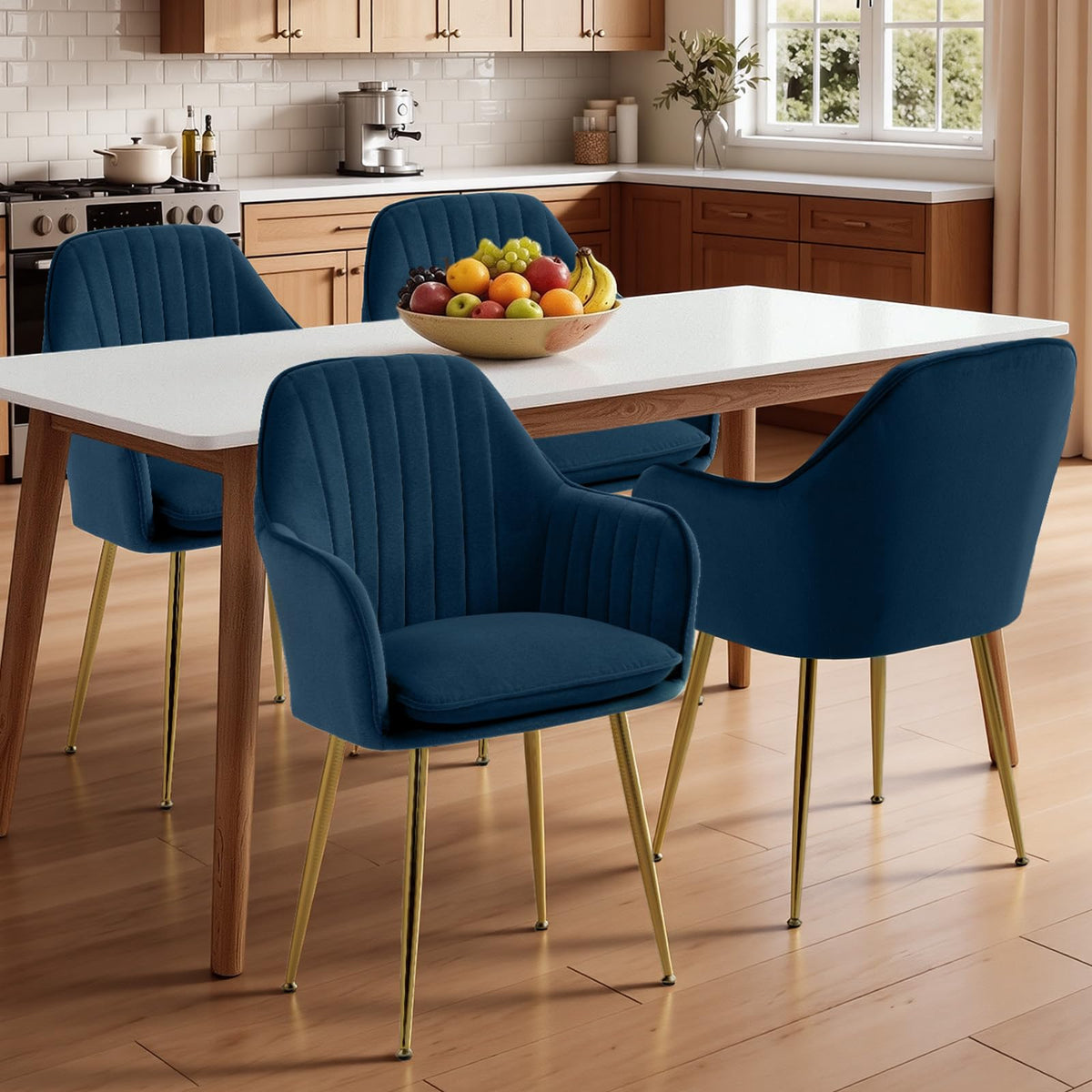 Modern Living Dining Room Accent Arm Chairs Set of 4, Velvet Mid-Century Upholstered Seat Club Guest with Golden
