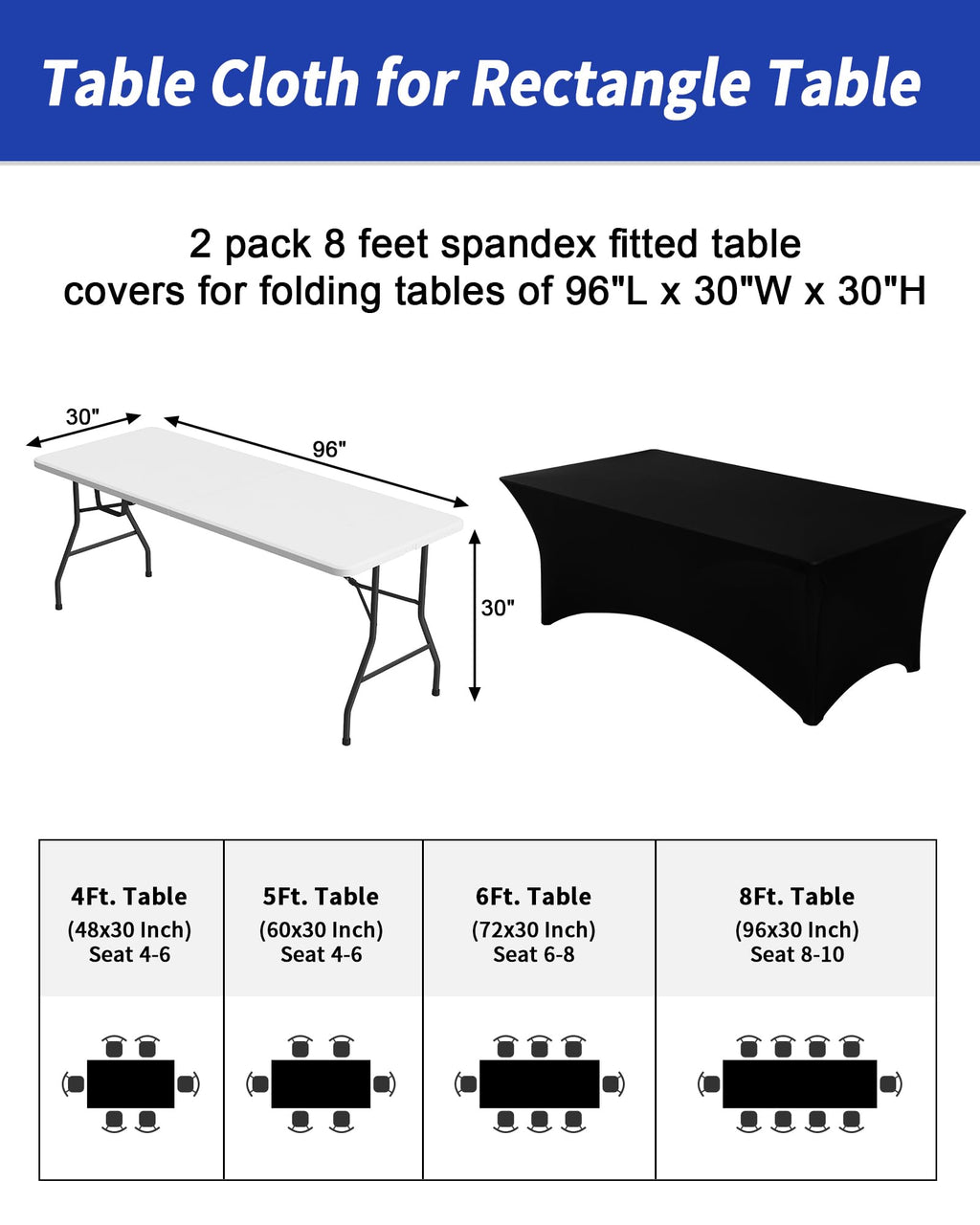 2 Pack 8FT Black Tablecloth Rectangle Spandex Fitted Table Cover