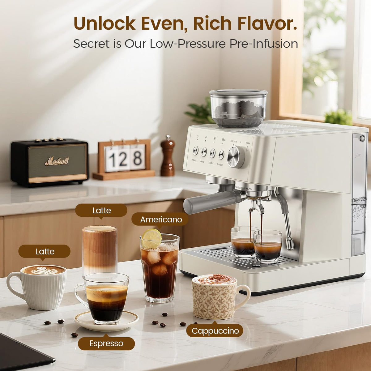 15 Bar Espresso Machine with Grinder & Milk Frother Steam Wand, 58mm Commercial Espresso Maker ,Coffee