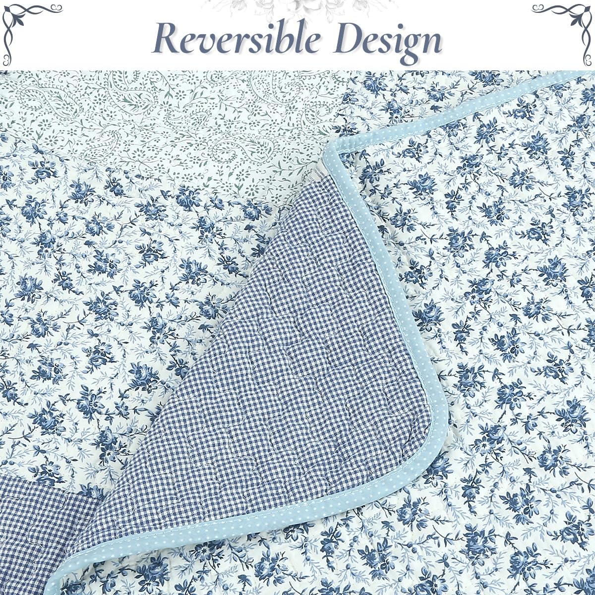 Blue Checker Cottage Quilt Bedding Set - 3‐Piece 100% Cotton Reversible Patchwork Quilt with Shams, Country Farmhouse
