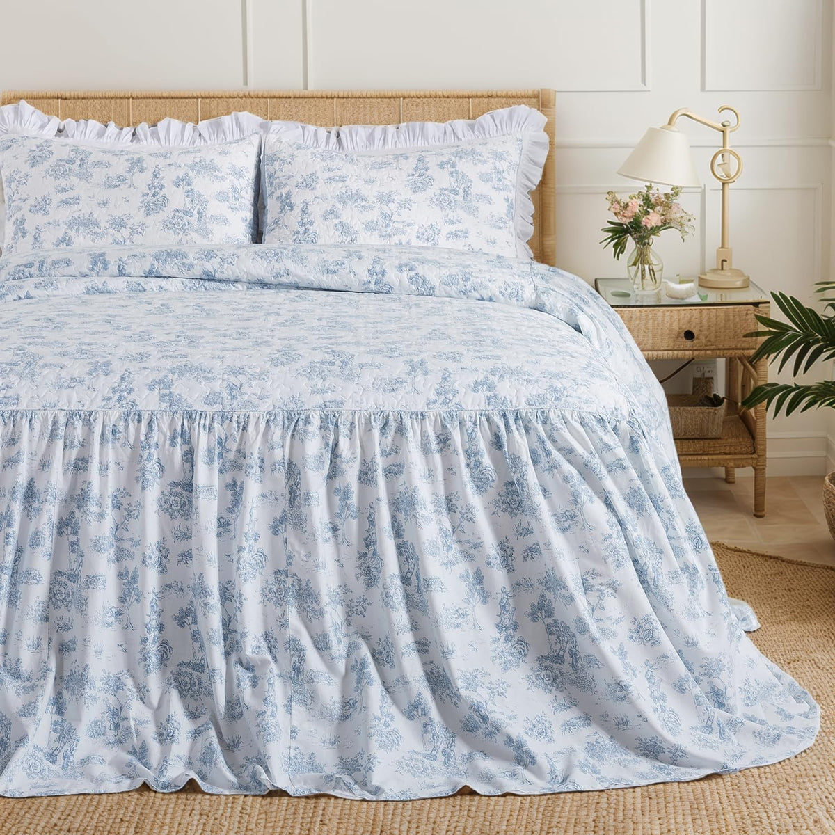 French Country Toile Cotton Bedspread Set Luxury Oversized Blue Toile Bedding, 3-Piece (Bedspread + 2 Quilted Shams)