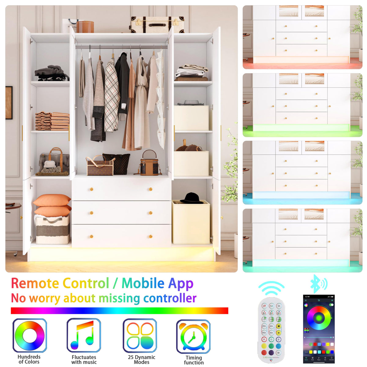 4 Doors LED Wardrobe Closet, 75" Tall Modern Armoire with Mirror & 3 Drawers, Wooden Armoire Wardrobe Closet